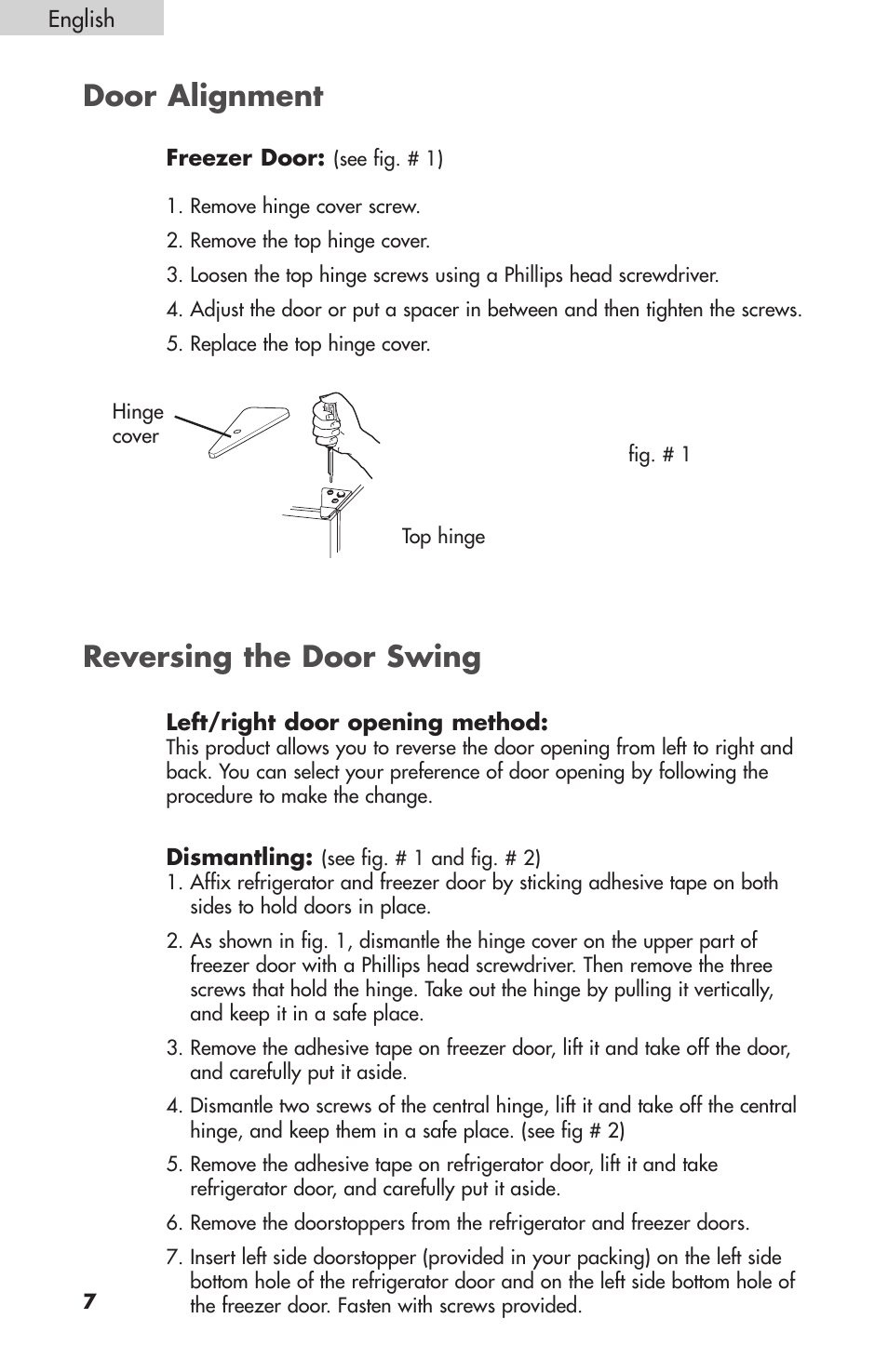 Door alignment, Reversing the door swing | Summit FF-1074W User Manual | Page 8 / 56