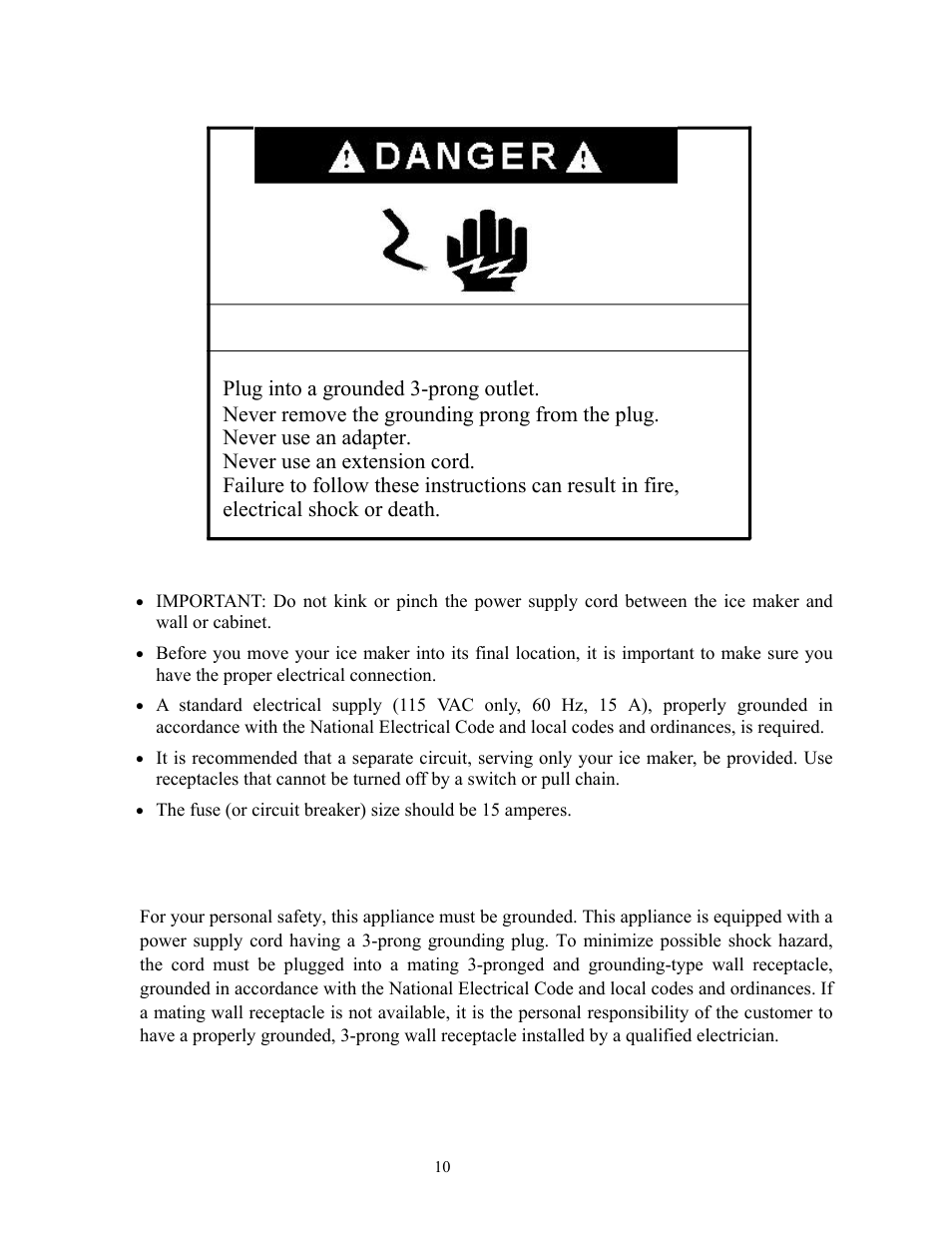 Electrical requirements | Summit Automatic Ice Maker BIM70 User Manual | Page 11 / 32