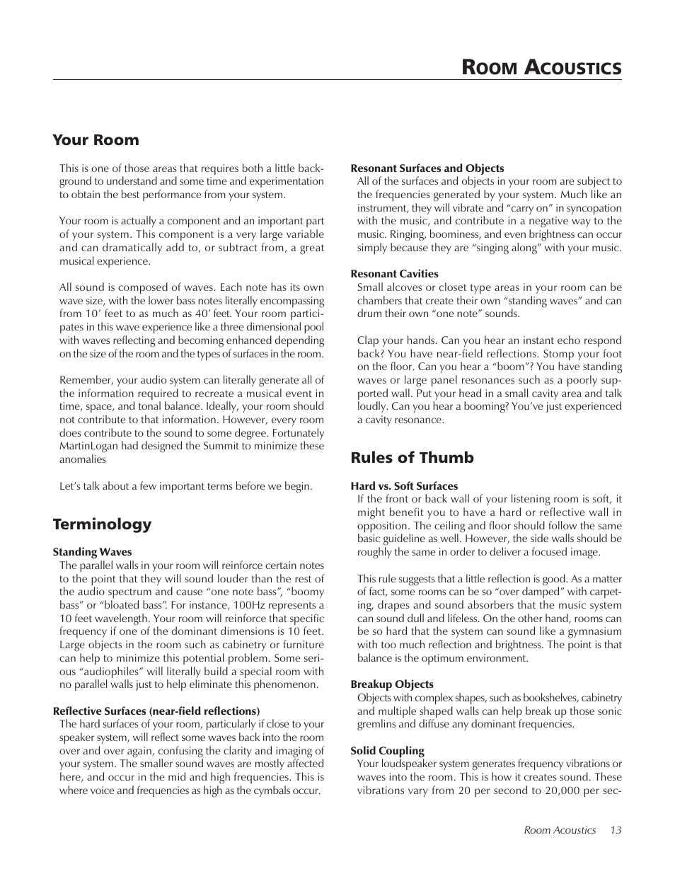 Room acoustics, Rules of thumb, Terminology | Your room, Coustics | Summit floorstanding loudspeaker User Manual | Page 13 / 28