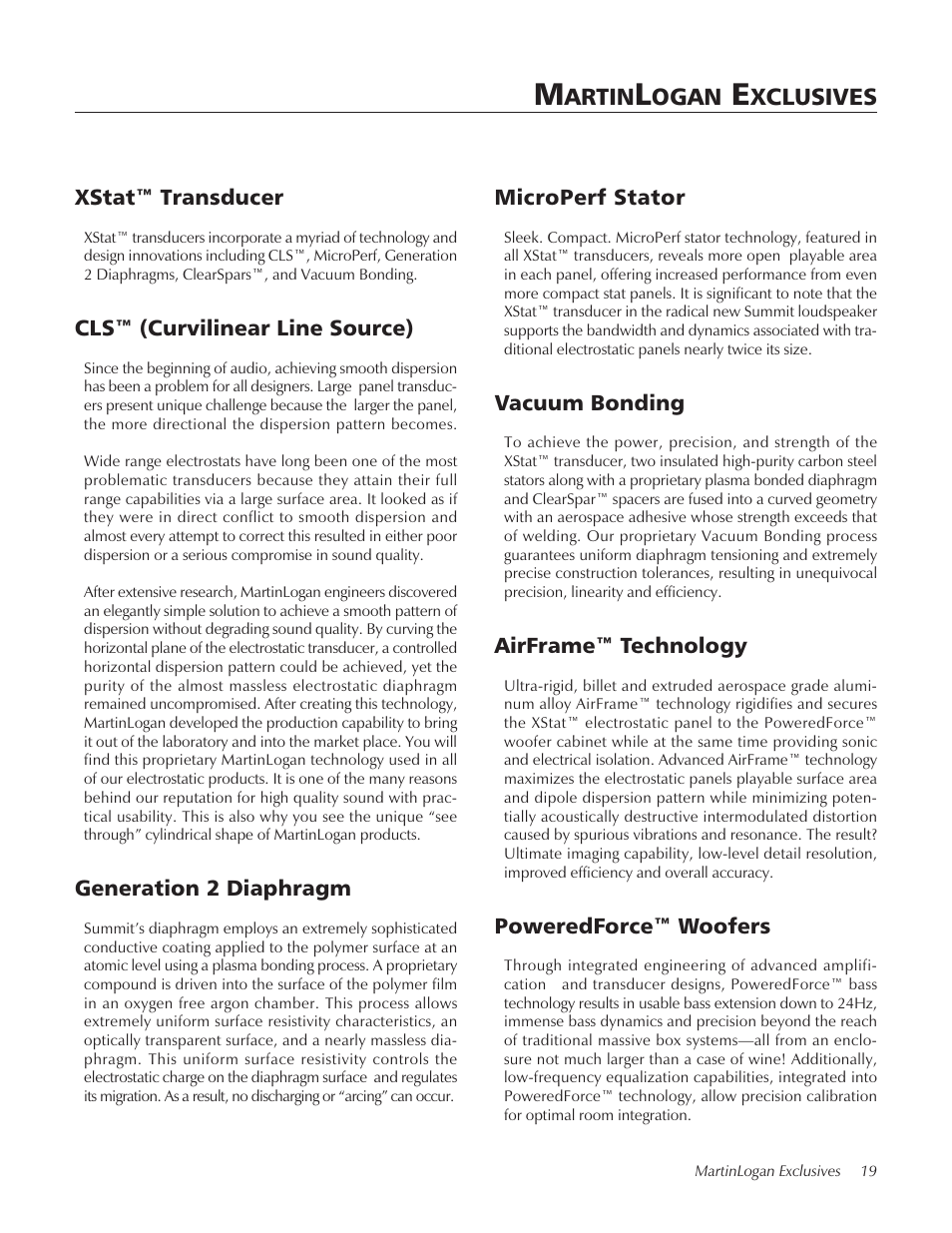Martinlogan exclusives, Xstat™ transducer, Cls™ (curvilinear line source) | Generation 2 diaphragm, Microperf stator, Vacuum bonding, Airframe™ technology, Poweredforce™ woofers | Summit floorstanding loudspeaker User Manual | Page 19 / 28