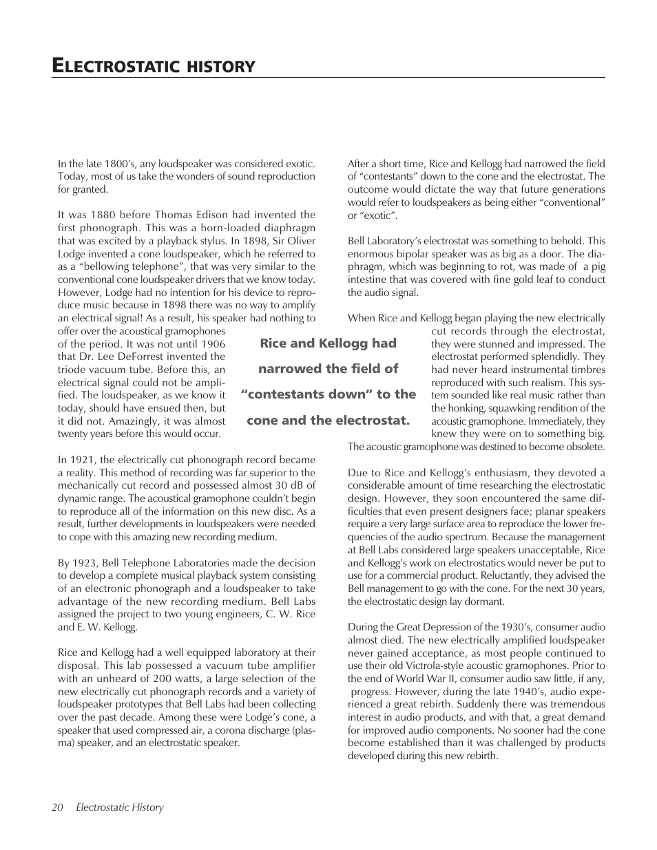 Electrostatic history, Lectrostatic, History | Summit floorstanding loudspeaker User Manual | Page 20 / 28