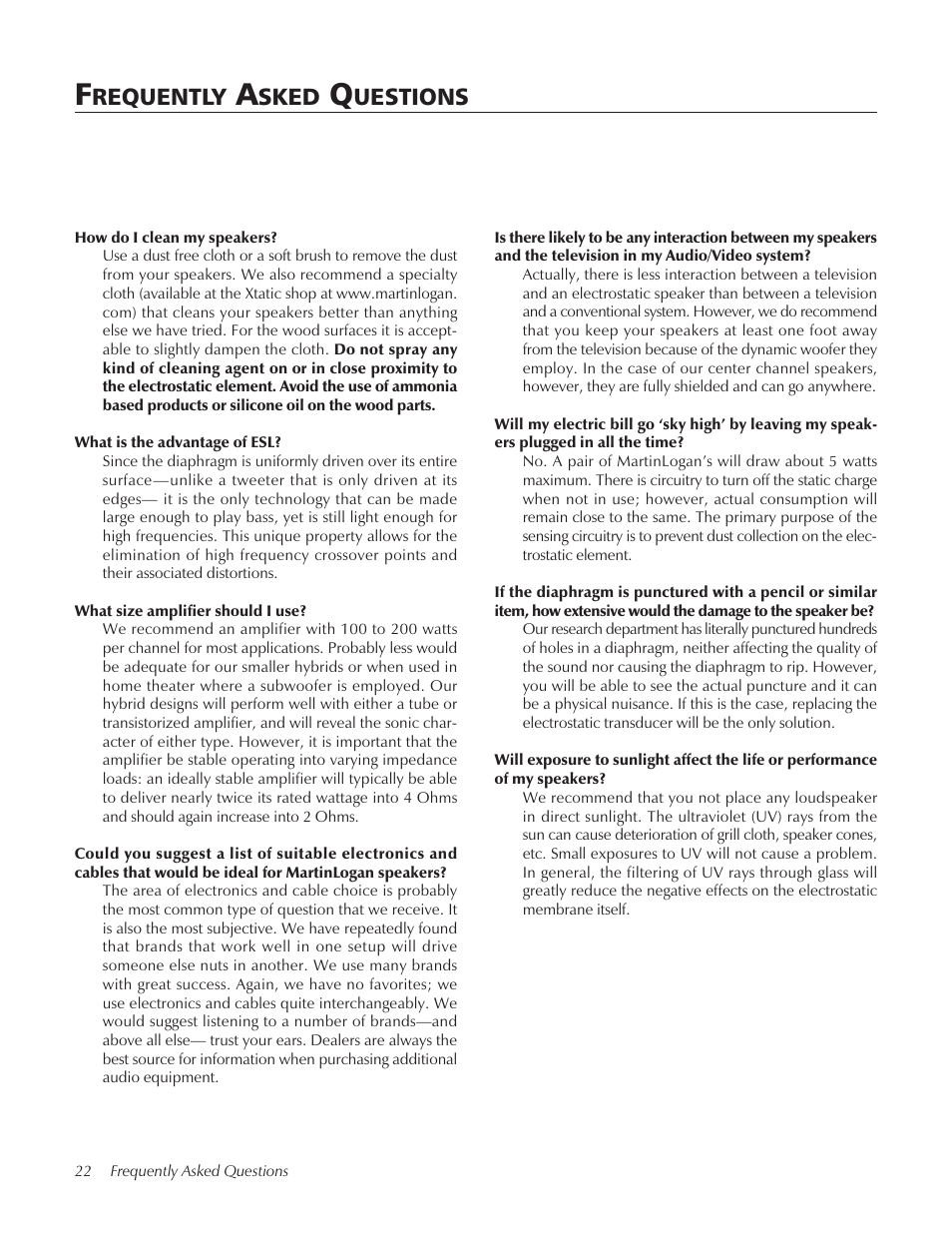 Frequently asked questions, Requently, Sked | Uestions | Summit floorstanding loudspeaker User Manual | Page 22 / 28