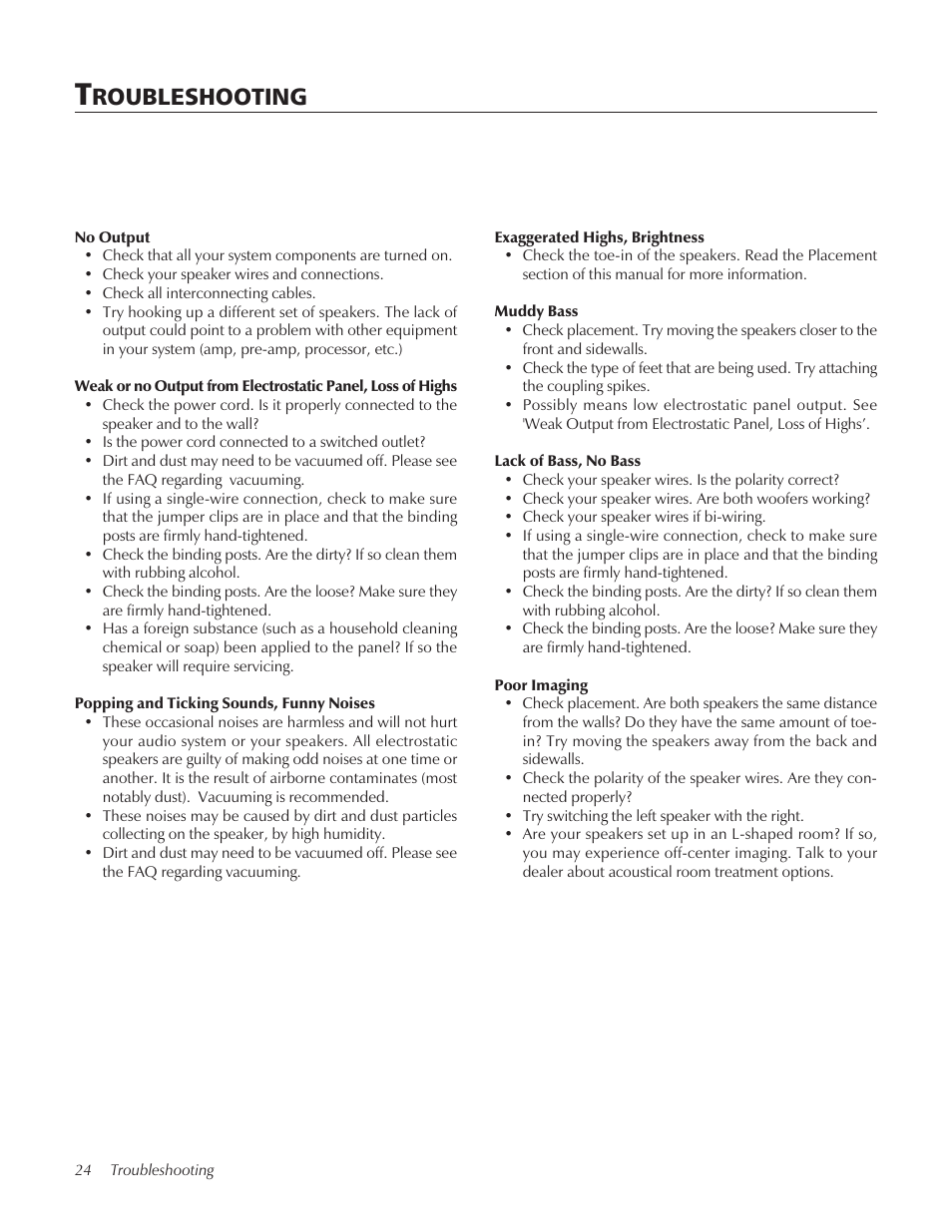 Troubleshooting, Roubleshooting | Summit floorstanding loudspeaker User Manual | Page 24 / 28