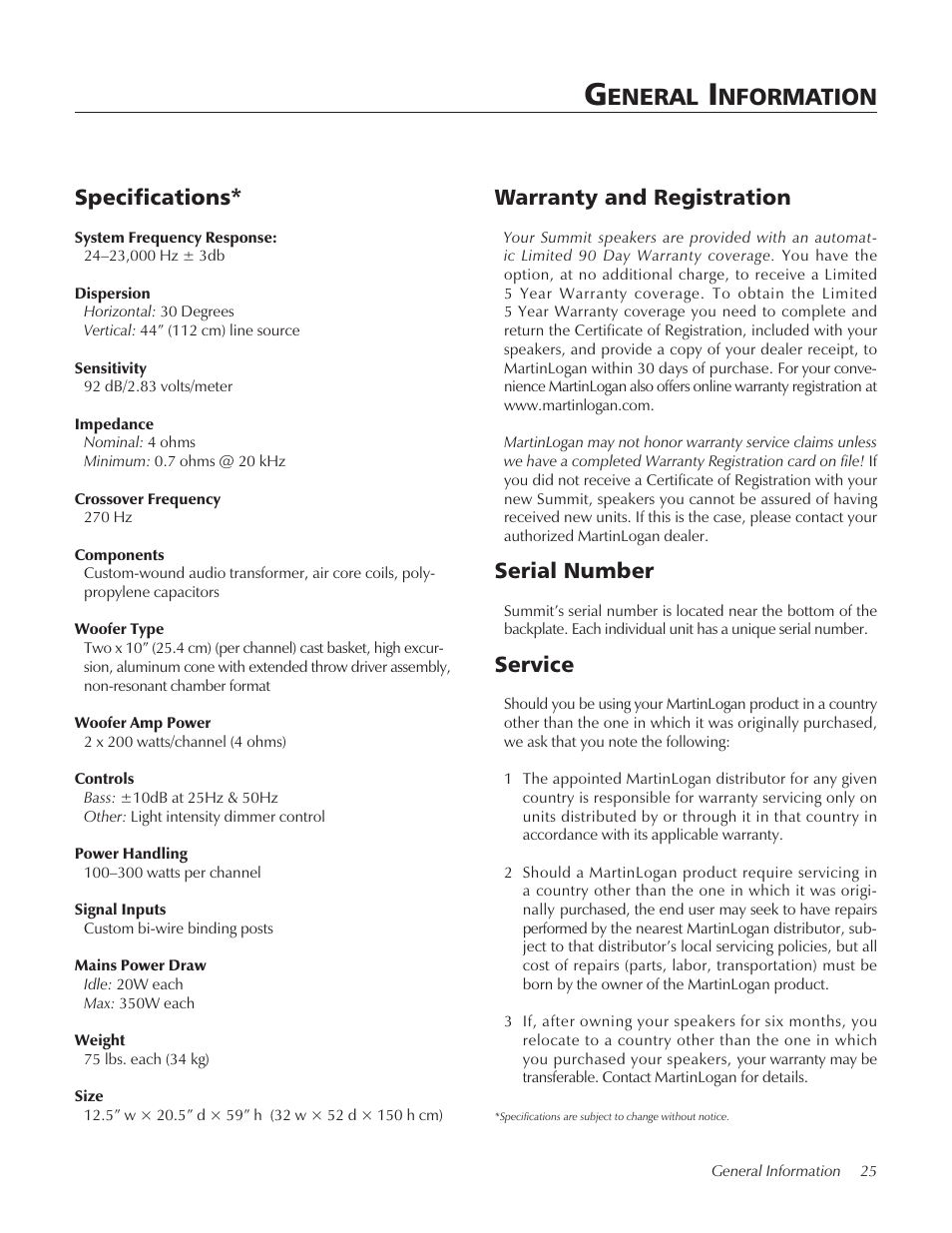 General information, Specifications, Warranty and registration | Serial number, Service, Eneral, Nformation, Specifications* warranty and registration | Summit floorstanding loudspeaker User Manual | Page 25 / 28