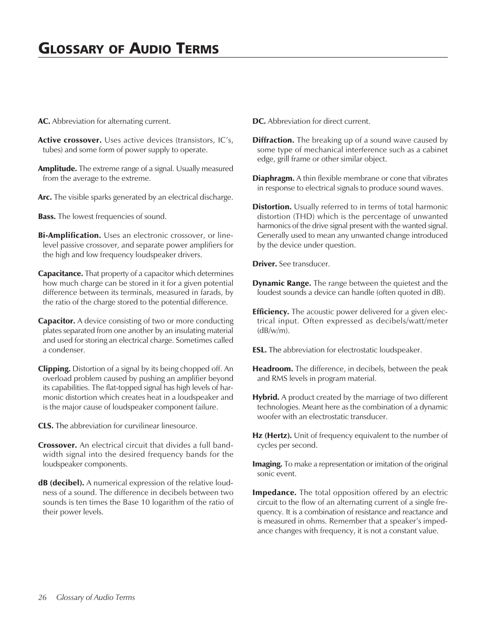 Glossary of audio terms, Lossary, Udio | Erms | Summit floorstanding loudspeaker User Manual | Page 26 / 28