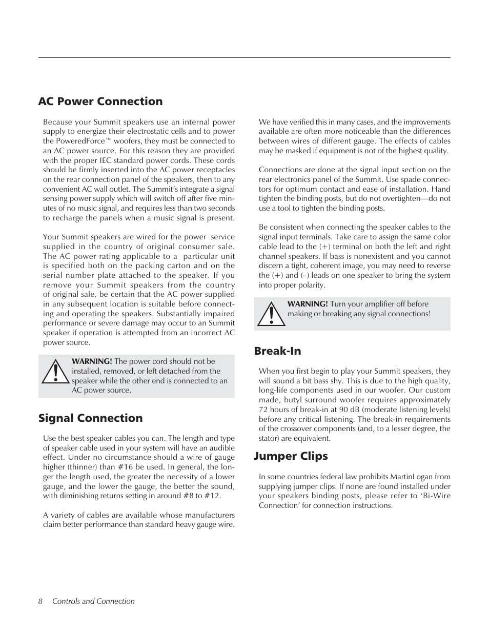 Jumper clips, Break-in, Signal connection | Ac power connection | Summit floorstanding loudspeaker User Manual | Page 8 / 28