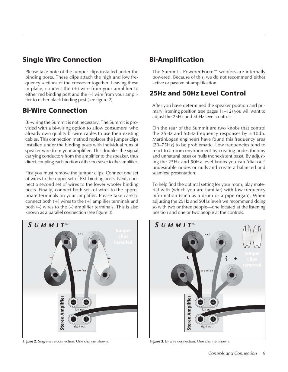 25hz and 50hz level control, Bi-amplification, Bi-wire connection | Single wire connection | Summit floorstanding loudspeaker User Manual | Page 9 / 28