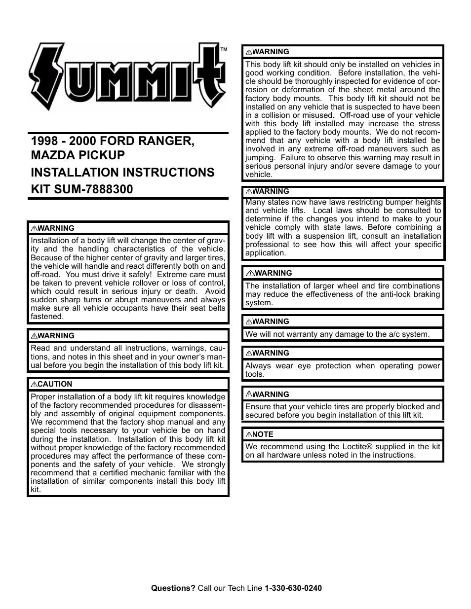 Summit FORD RANGER User Manual | 9 pages