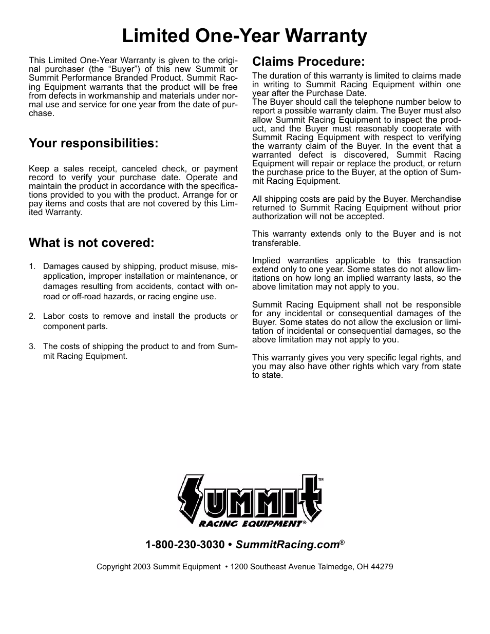 Limited one-year warranty, Your responsibilities, What is not covered | Claims procedure | Summit FORD RANGER User Manual | Page 9 / 9