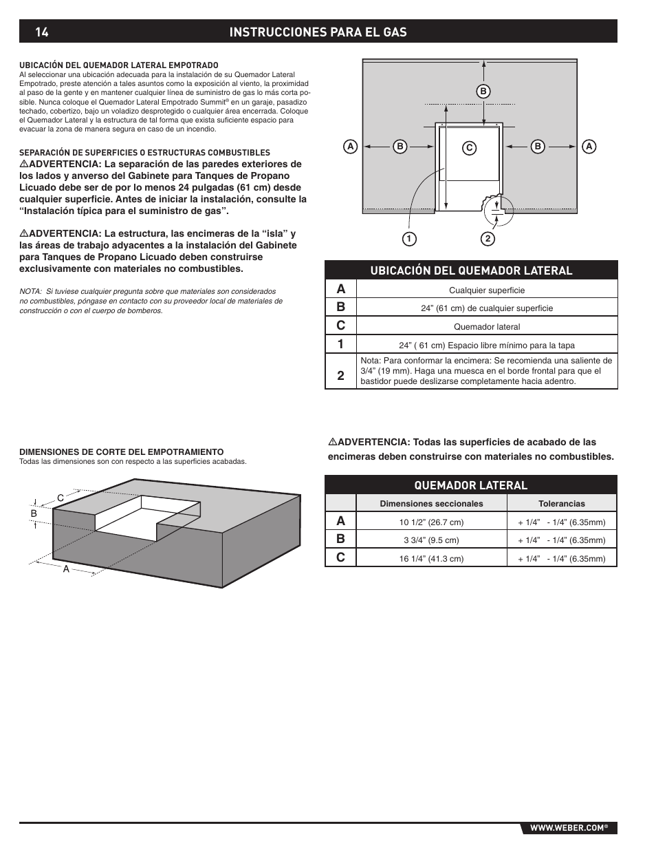 Instrucciones para el gas, Ubicación del quemador lateral | Summit 89795 User Manual | Page 14 / 32