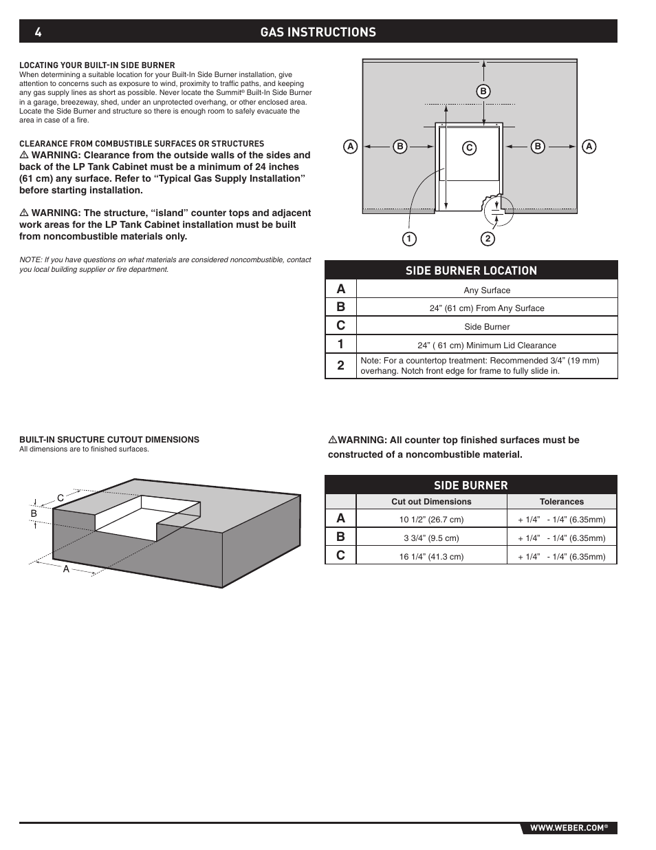 Gas instructions, Side burner location | Summit 89795 User Manual | Page 4 / 32