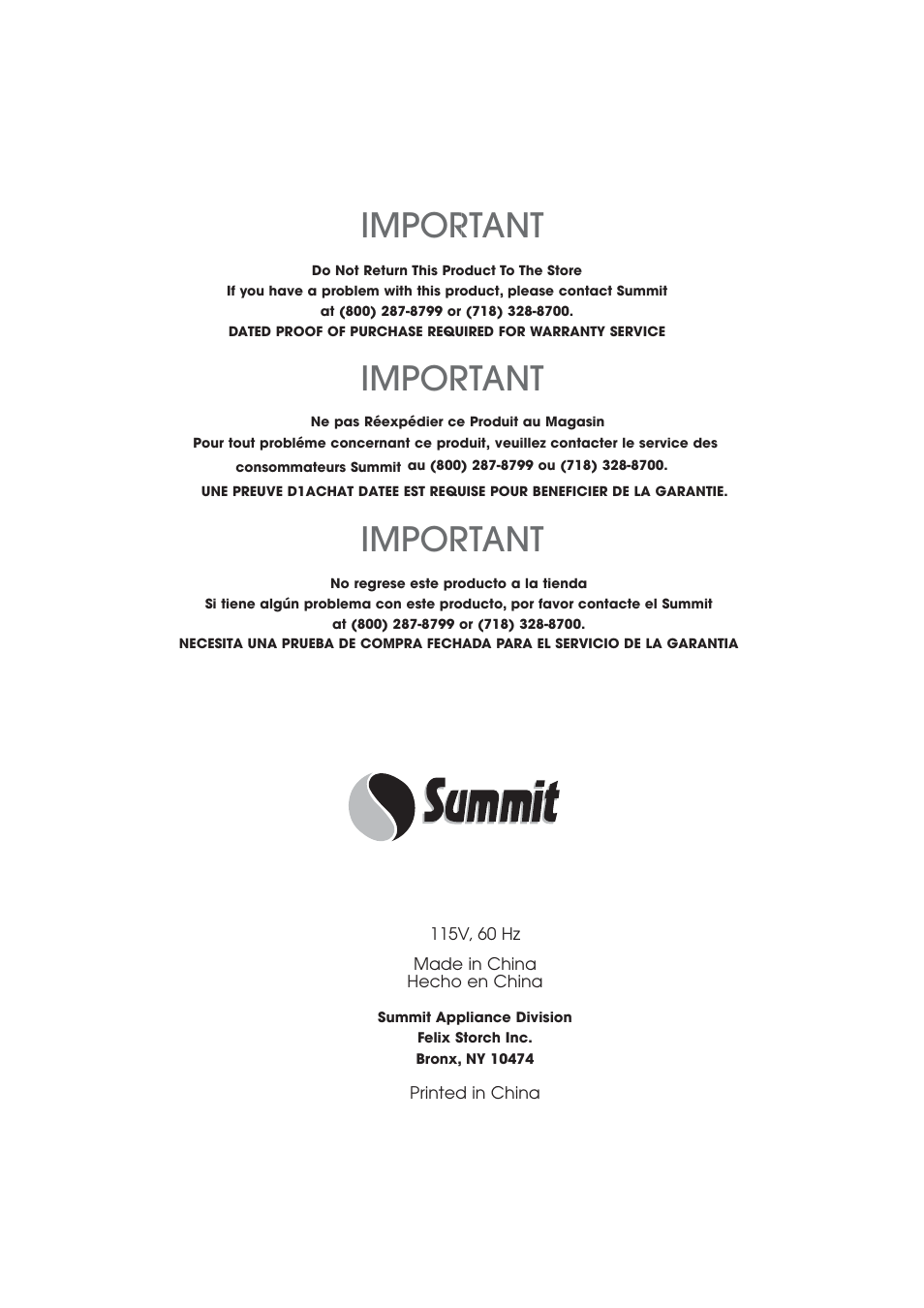 Important | Summit SPW1200P User Manual | Page 87 / 87