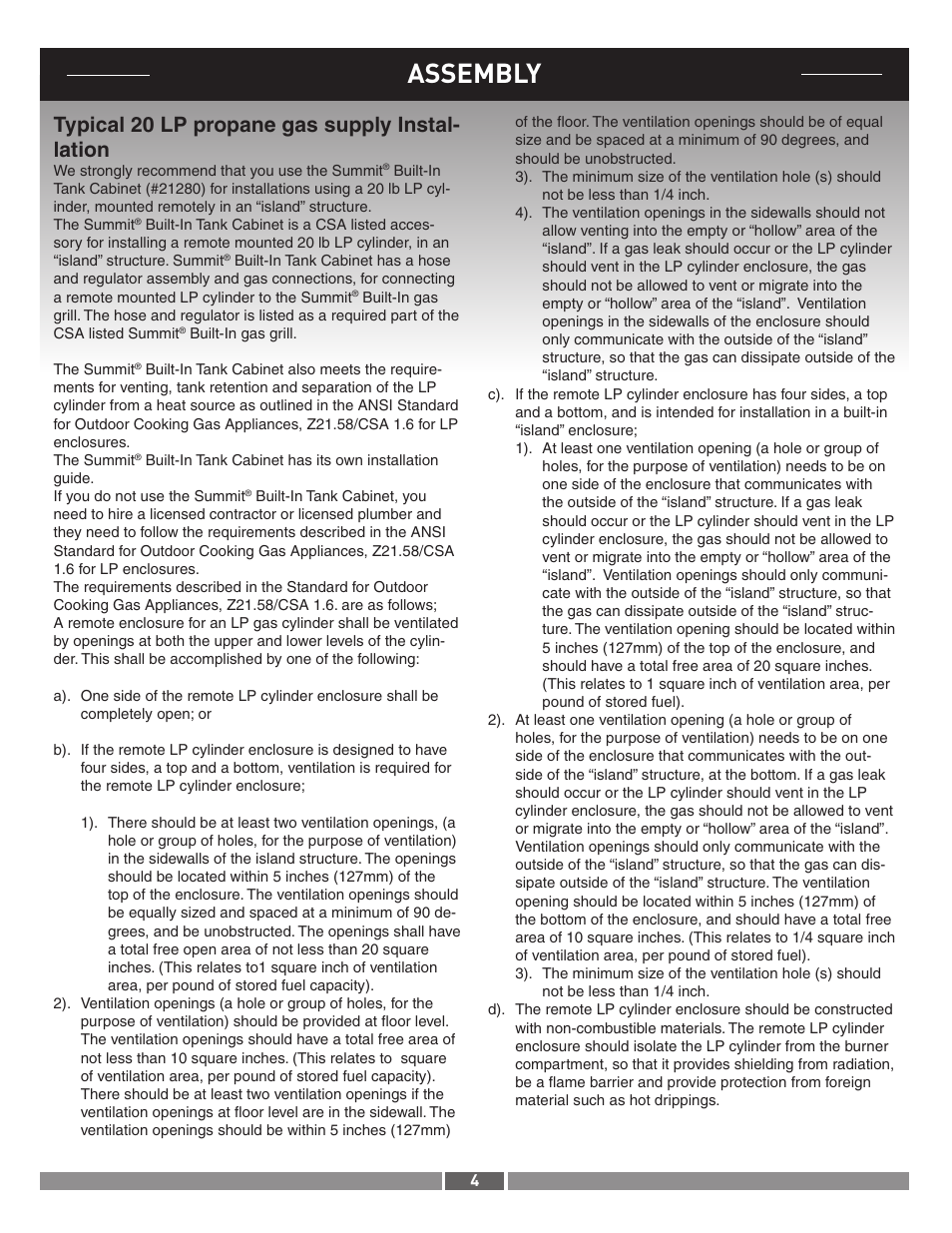 Assembly, Typical 20 lp propane gas supply instal- lation | Summit 21287 User Manual | Page 4 / 12