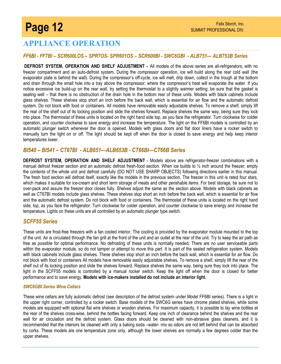 Page 12, Appliance operation | Summit SPR7OS User Manual | Page 12 / 16