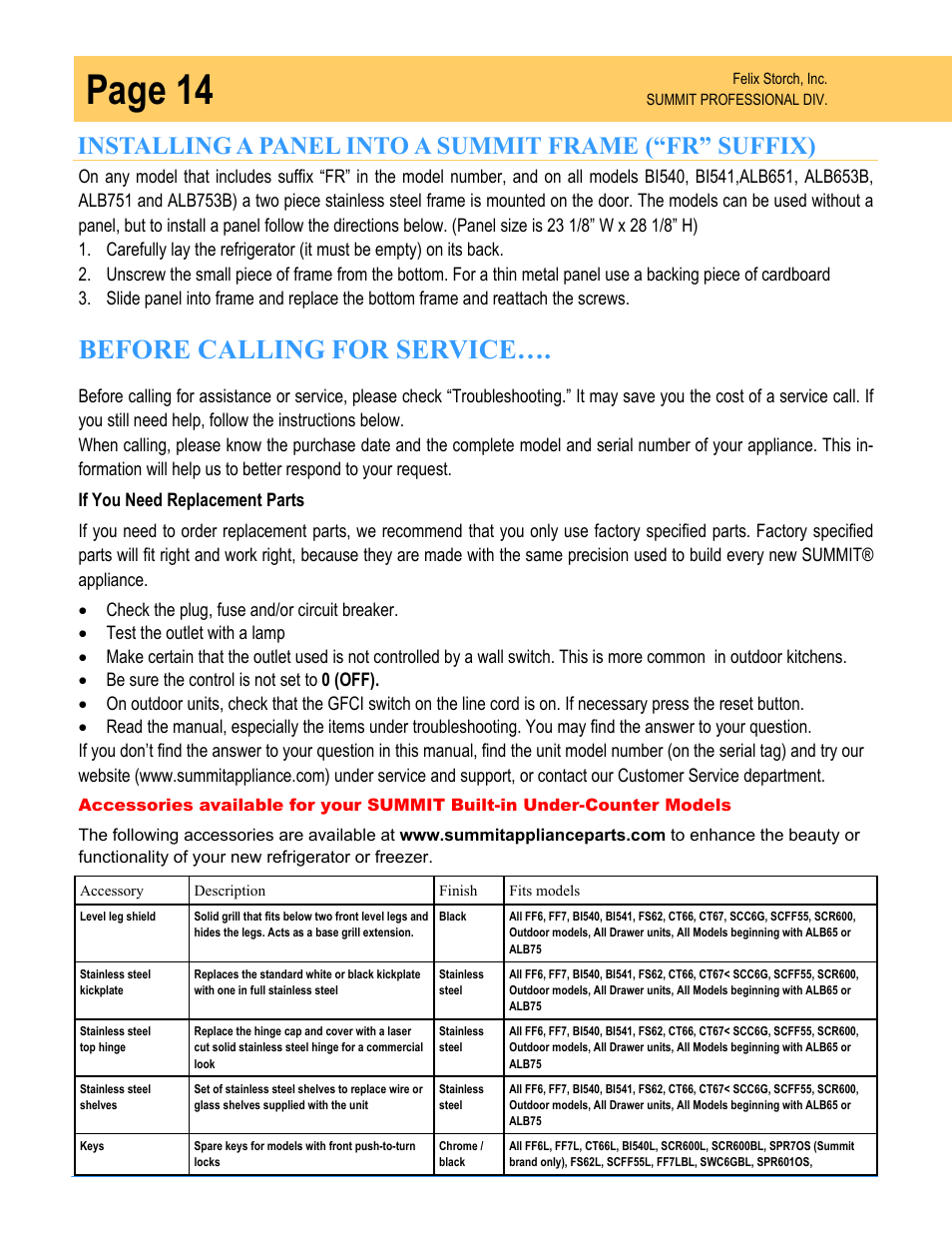 Page 14, Before calling for service | Summit SPR7OS User Manual | Page 14 / 16