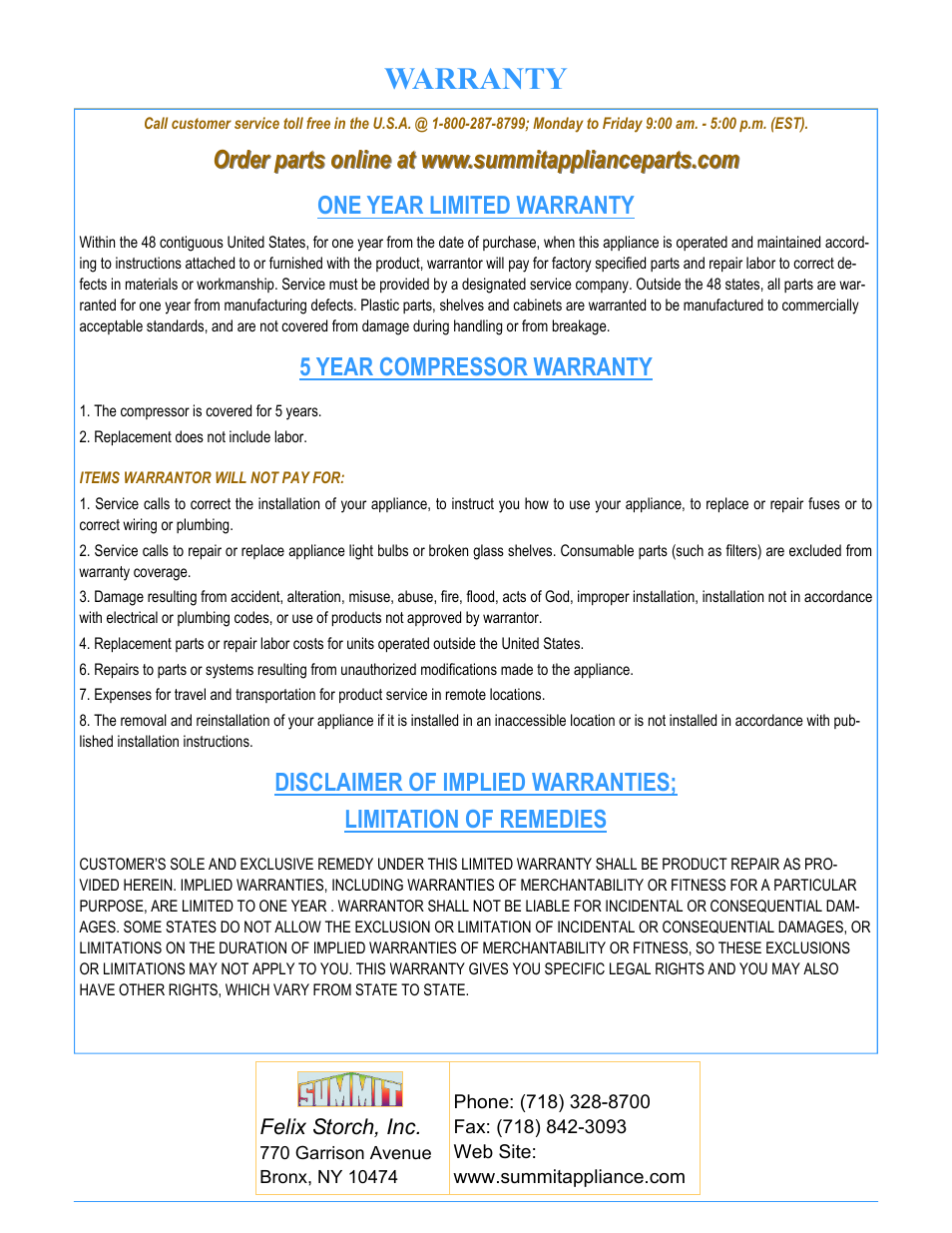 Warranty, 5 year compressor warranty, One year limited warranty | Summit SPR7OS User Manual | Page 16 / 16