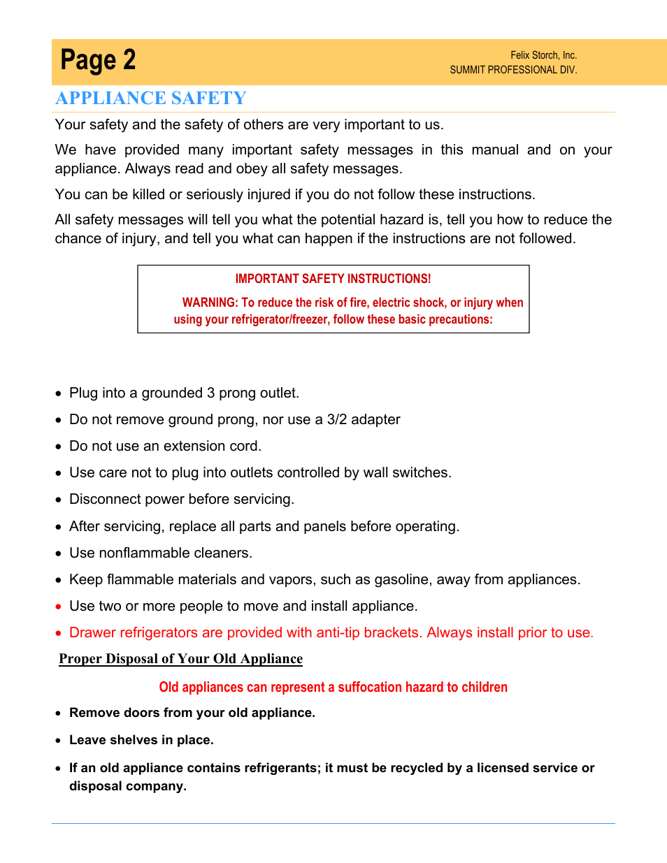 Page 2, Appliance safety | Summit SPR7OS User Manual | Page 2 / 16
