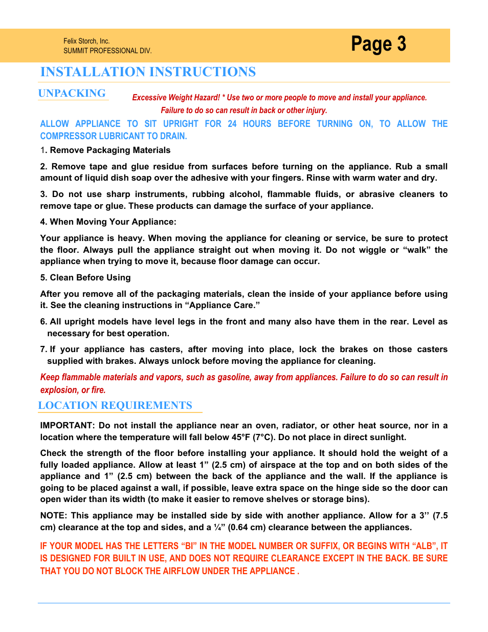 Page 3, Installation instructions | Summit SPR7OS User Manual | Page 3 / 16