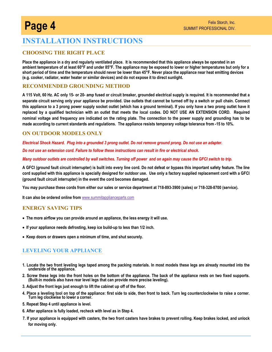 Page 4, Installation instructions | Summit SPR7OS User Manual | Page 4 / 16