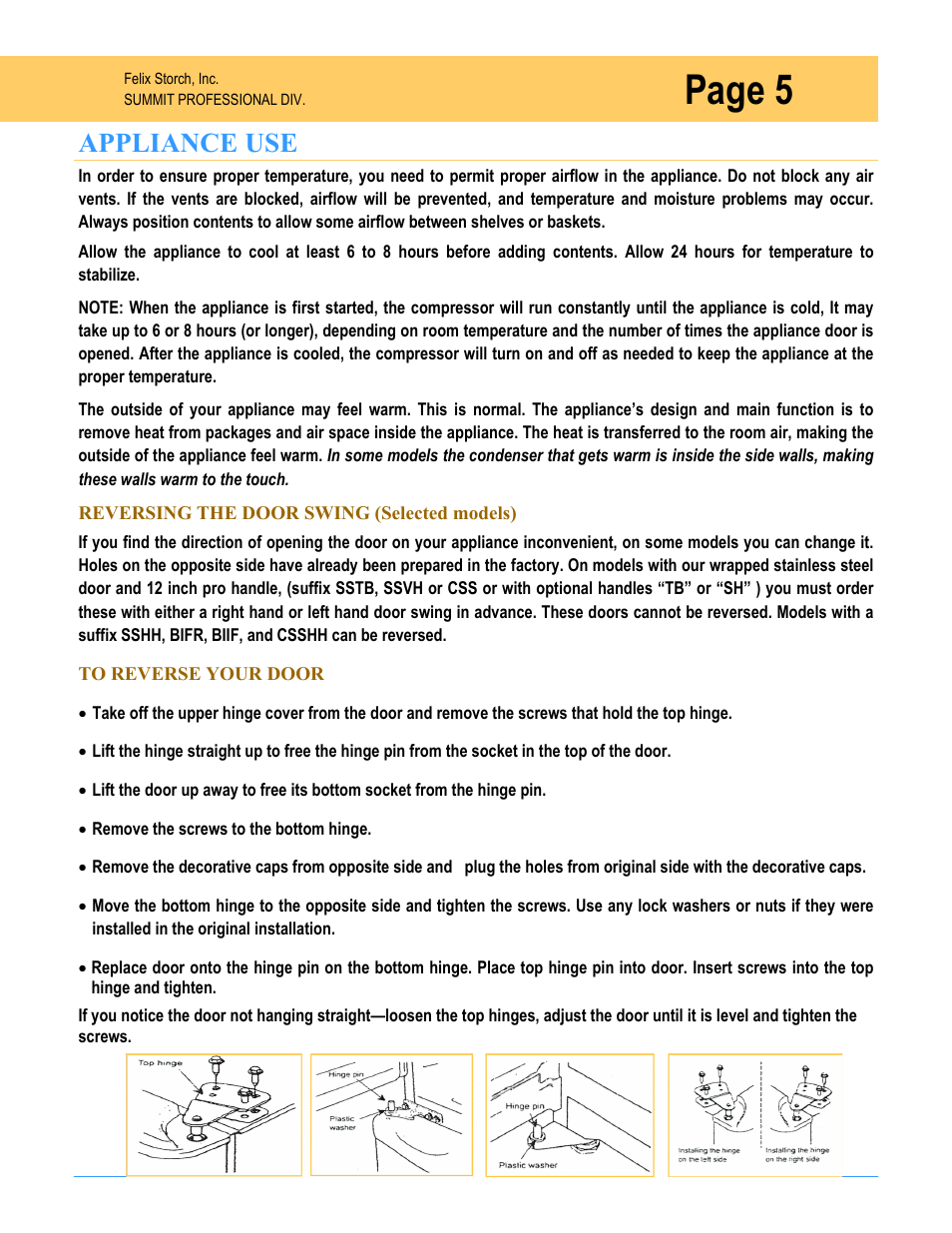 Page 5, Appliance use | Summit SPR7OS User Manual | Page 5 / 16