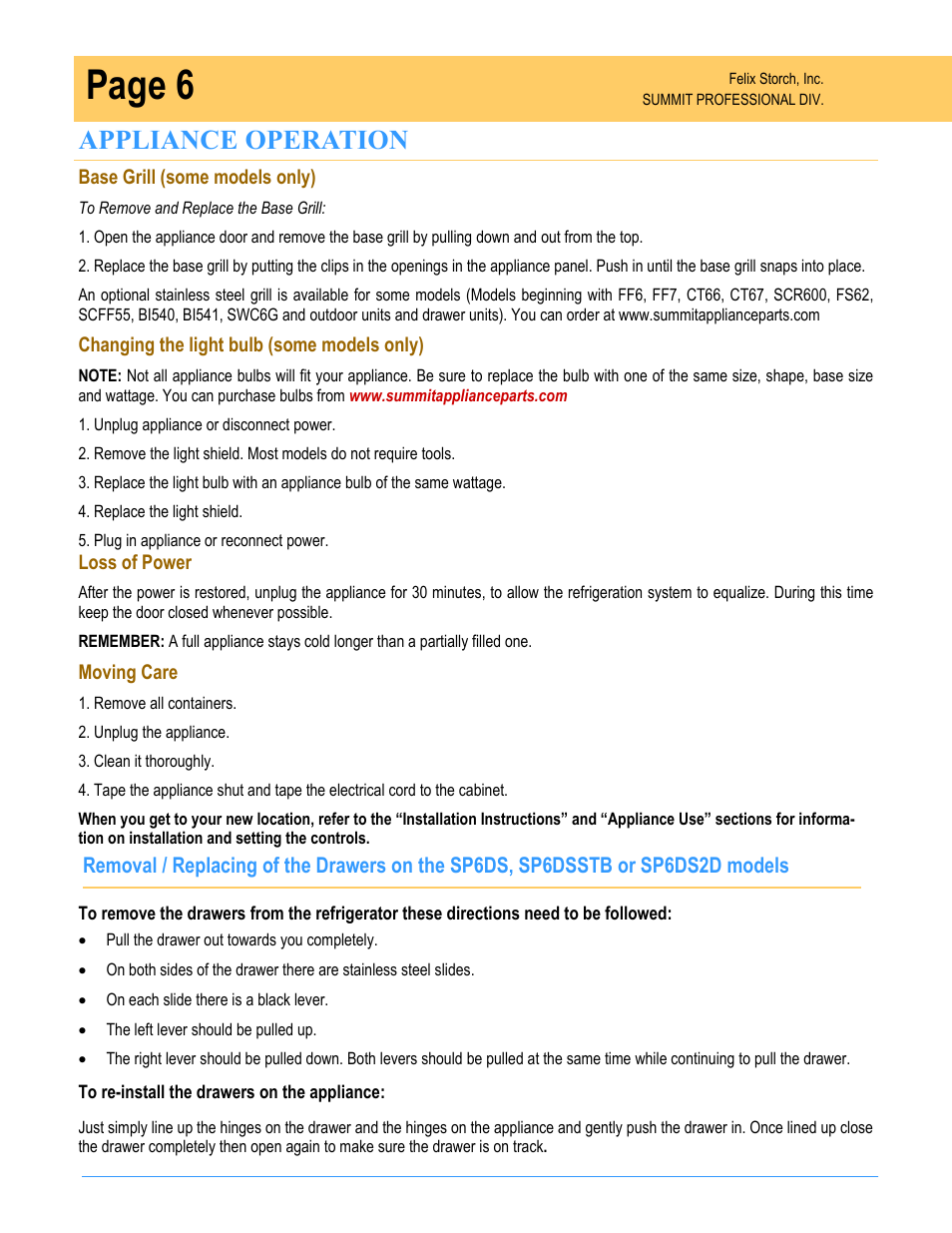 Page 6, Appliance operation | Summit SPR7OS User Manual | Page 6 / 16