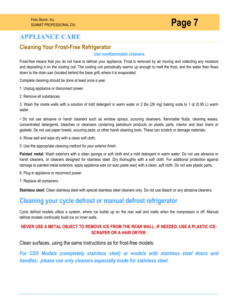 Page 7, Appliance care, Cleaning your frost-free refrigerator | Summit SPR7OS User Manual | Page 7 / 16