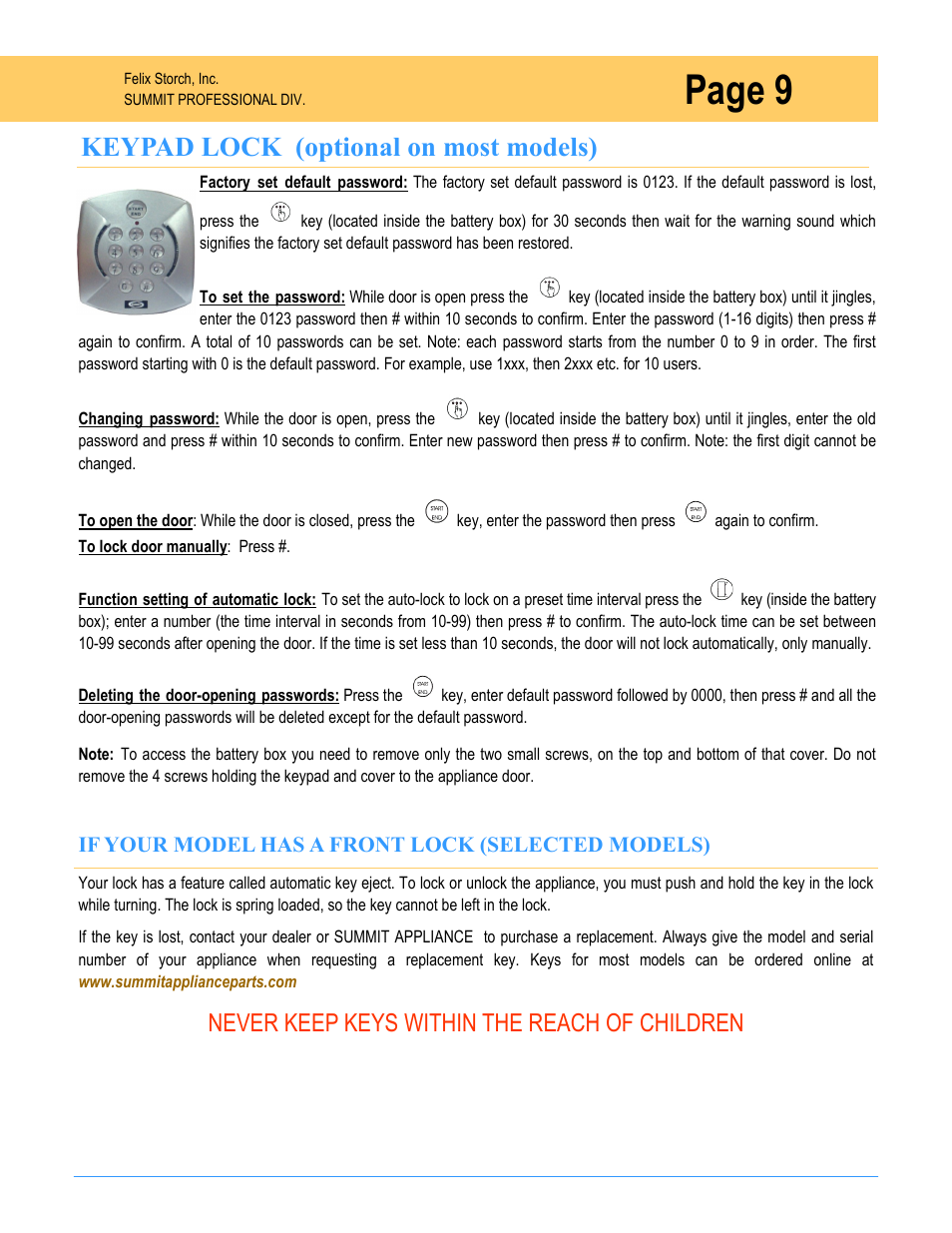 Page 9, Keypad lock (optional on most models), Never keep keys within the reach of children | Summit SPR7OS User Manual | Page 9 / 16