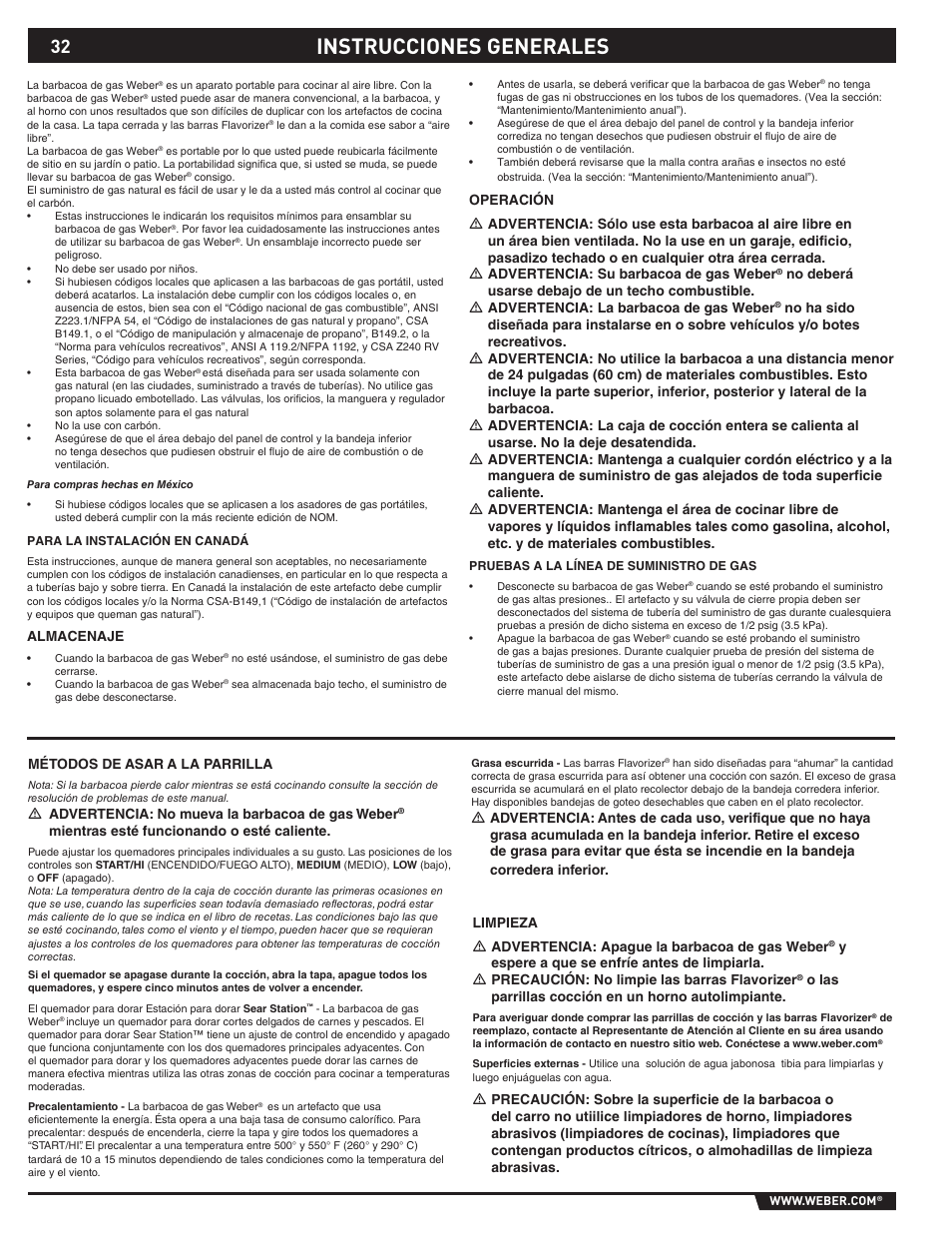 Instrucciones generales, Almacenaje, O las parrillas cocción en un horno autolimpiante | Métodos de asar a la parrilla, Ƽ advertencia: no mueva la barbacoa de gas weber, Mientras esté funcionando o esté caliente | Summit S-670 User Manual | Page 32 / 84