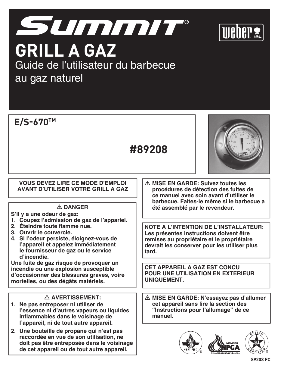 Grill a gaz, Guide de l’utilisateur du barbecue au gaz naturel, E/s-670 | Summit S-670 User Manual | Page 56 / 84