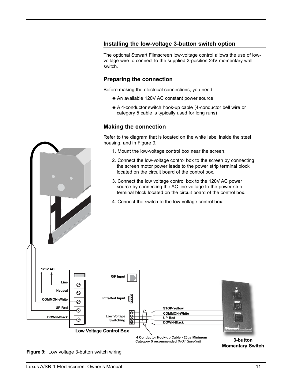 Installing the low-voltage 3-button switch option, Preparing the connection, Making the connection | Stewart Filmscreen Corp B User Manual | Page 13 / 20