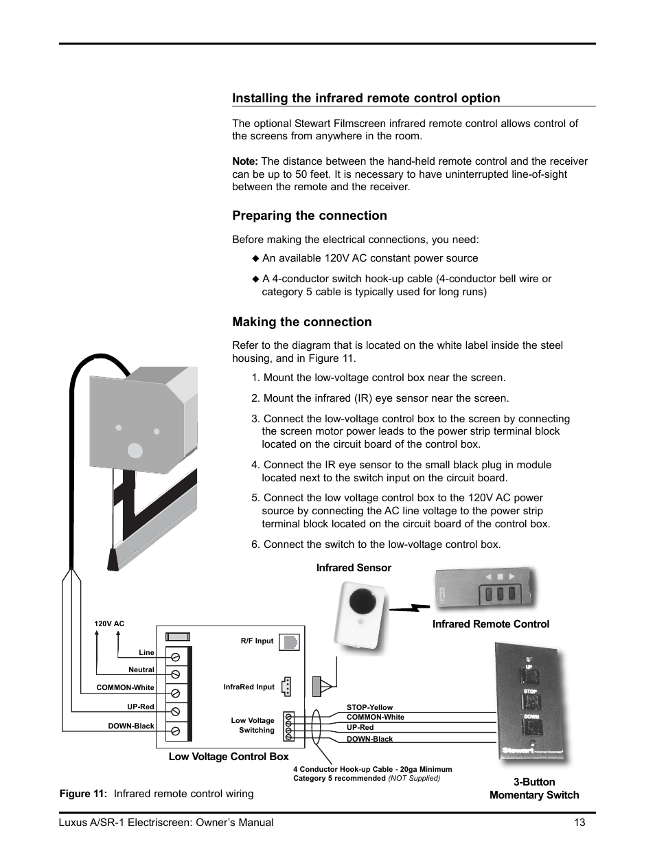 Installing the infrared remote control option, Preparing the connection, Making the connection | Stewart Filmscreen Corp B User Manual | Page 15 / 20