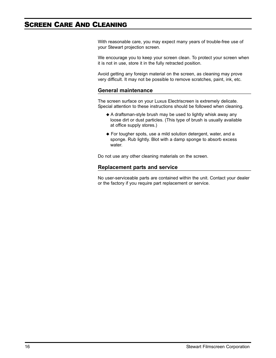 Creen, Leaning | Stewart Filmscreen Corp B User Manual | Page 18 / 20