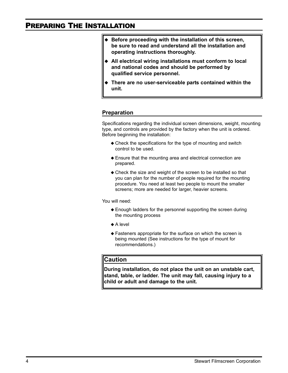 Reparing, Nstallation, Caution | Stewart Filmscreen Corp B User Manual | Page 6 / 20