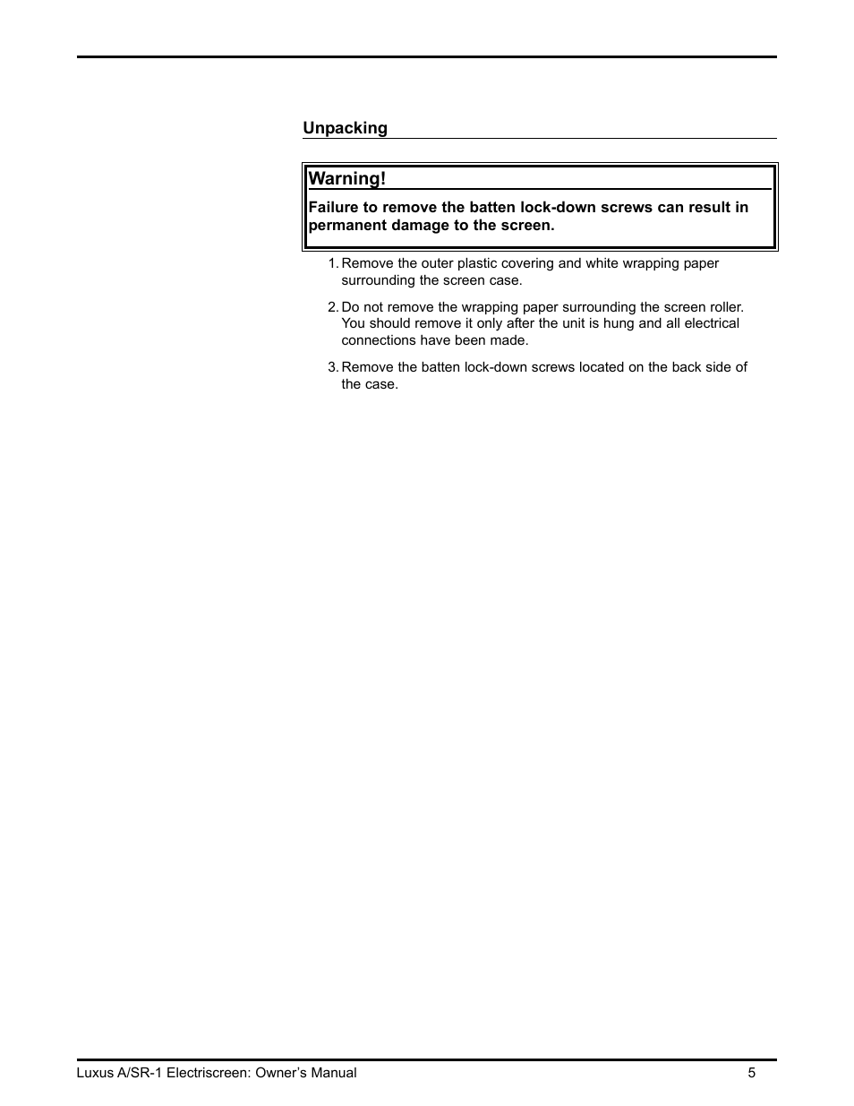 Warning | Stewart Filmscreen Corp B User Manual | Page 7 / 20