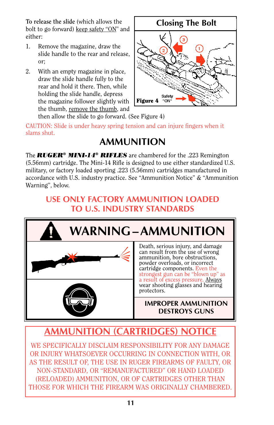 Warning – ammunition, Ammunition, Ammunition (cartridges) notice | Closing the bolt | Ruger MINI-14 User Manual | Page 10 / 46