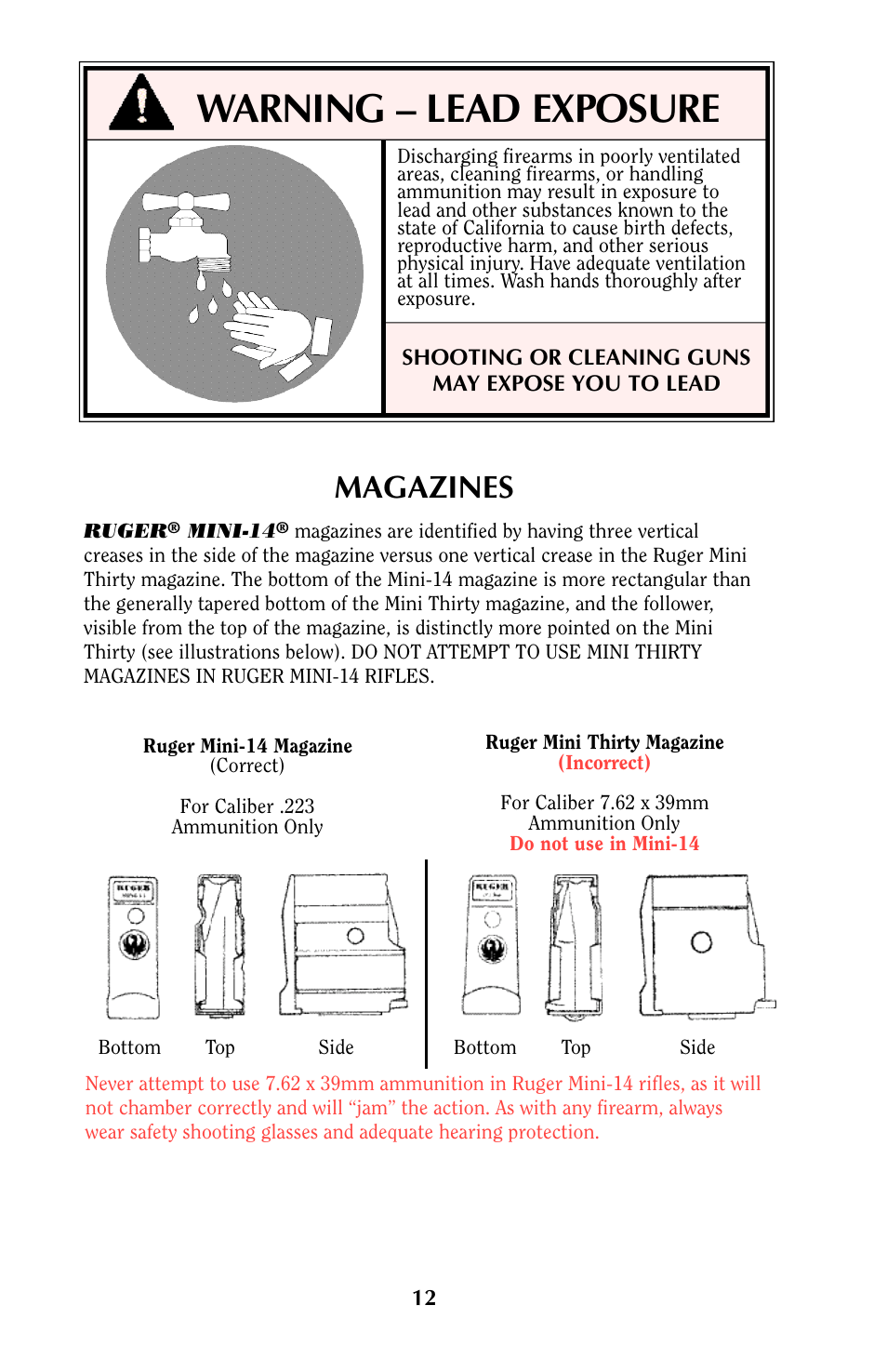 Warning – lead exposure, Magazines | Ruger MINI-14 User Manual | Page 11 / 46