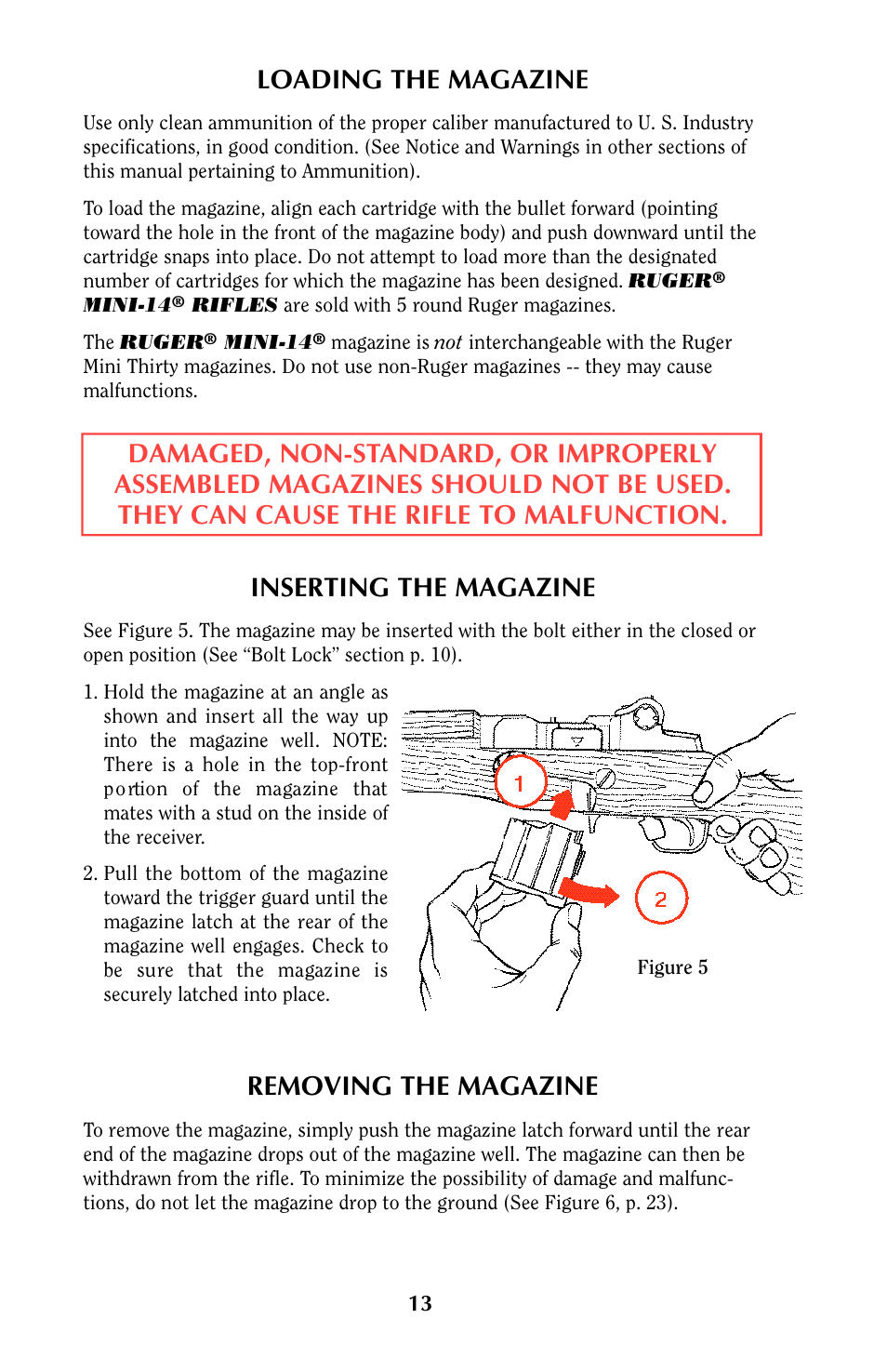 Loading the magazine, Removing the magazine | Ruger MINI-14 User Manual | Page 12 / 46