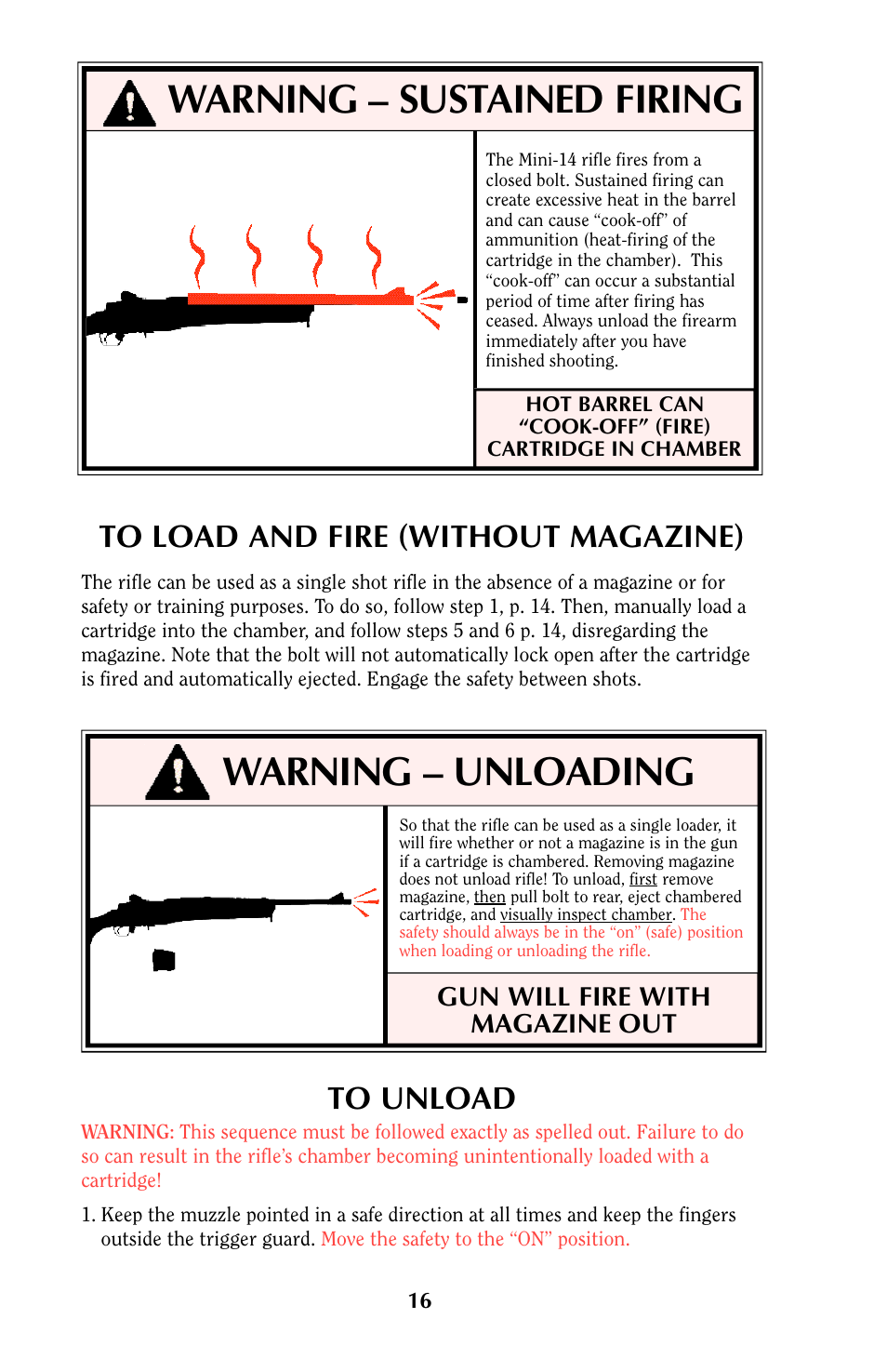 Warning – sustained firing, Warning – unloading | Ruger MINI-14 User Manual | Page 15 / 46