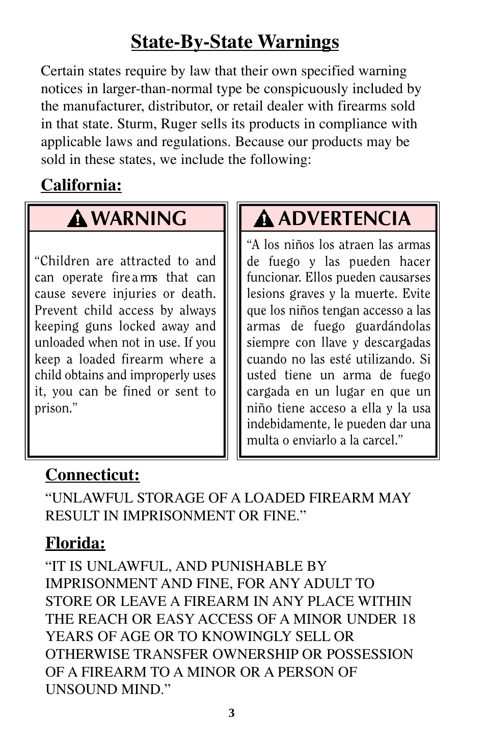 Warning, Advertencia, State-by-state warnings | Ruger MINI-14 User Manual | Page 2 / 46