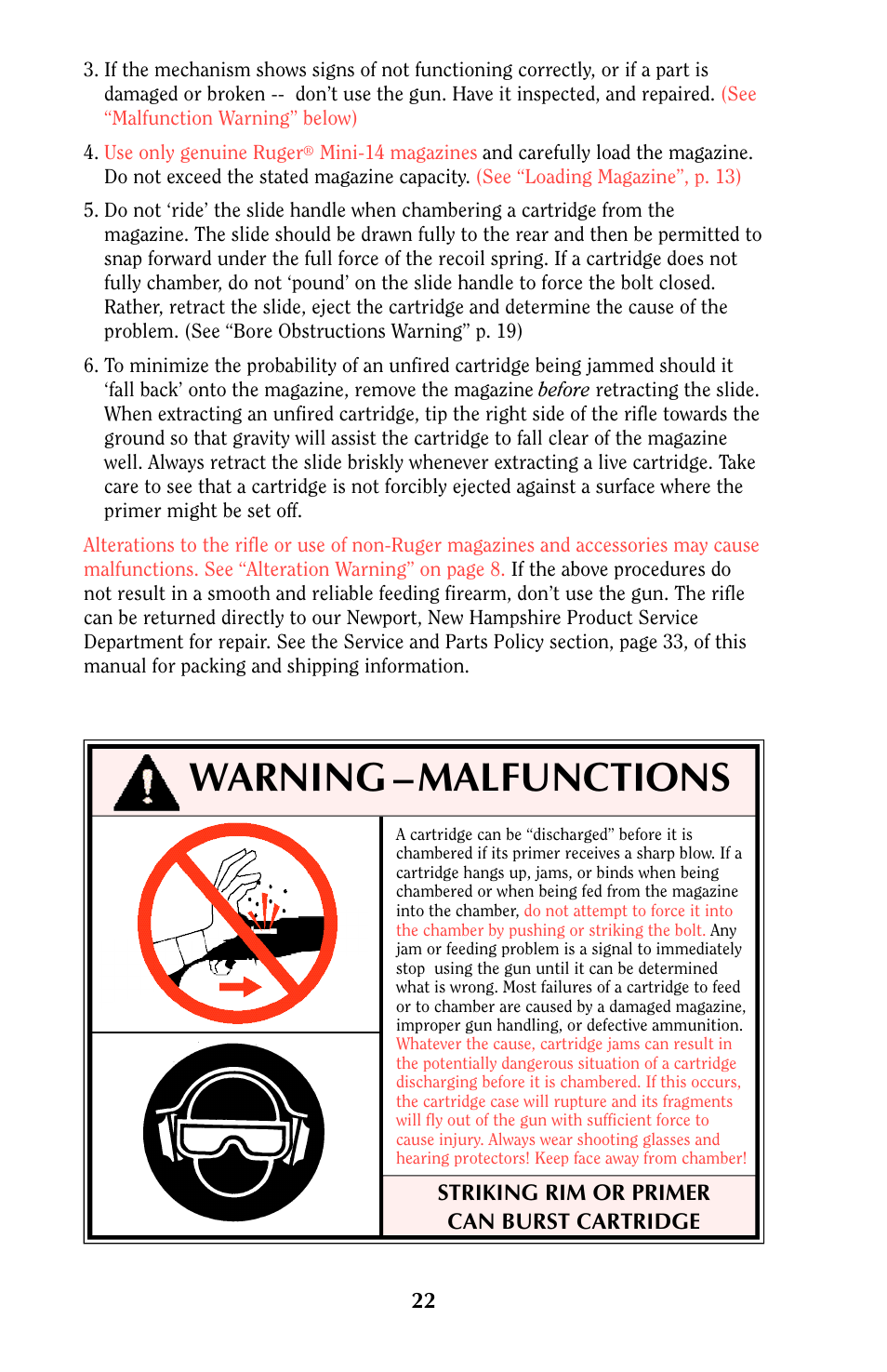 Warning –malfunctions | Ruger MINI-14 User Manual | Page 21 / 46