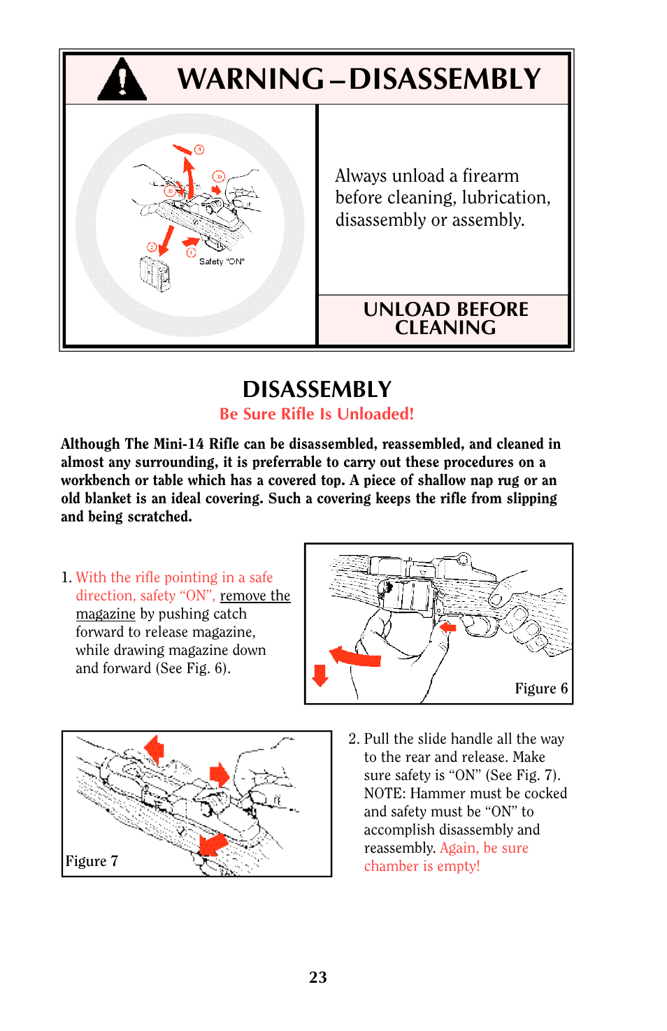 Warning – disassembly, Disassembly, Unload before cleaning | Ruger MINI-14 User Manual | Page 22 / 46