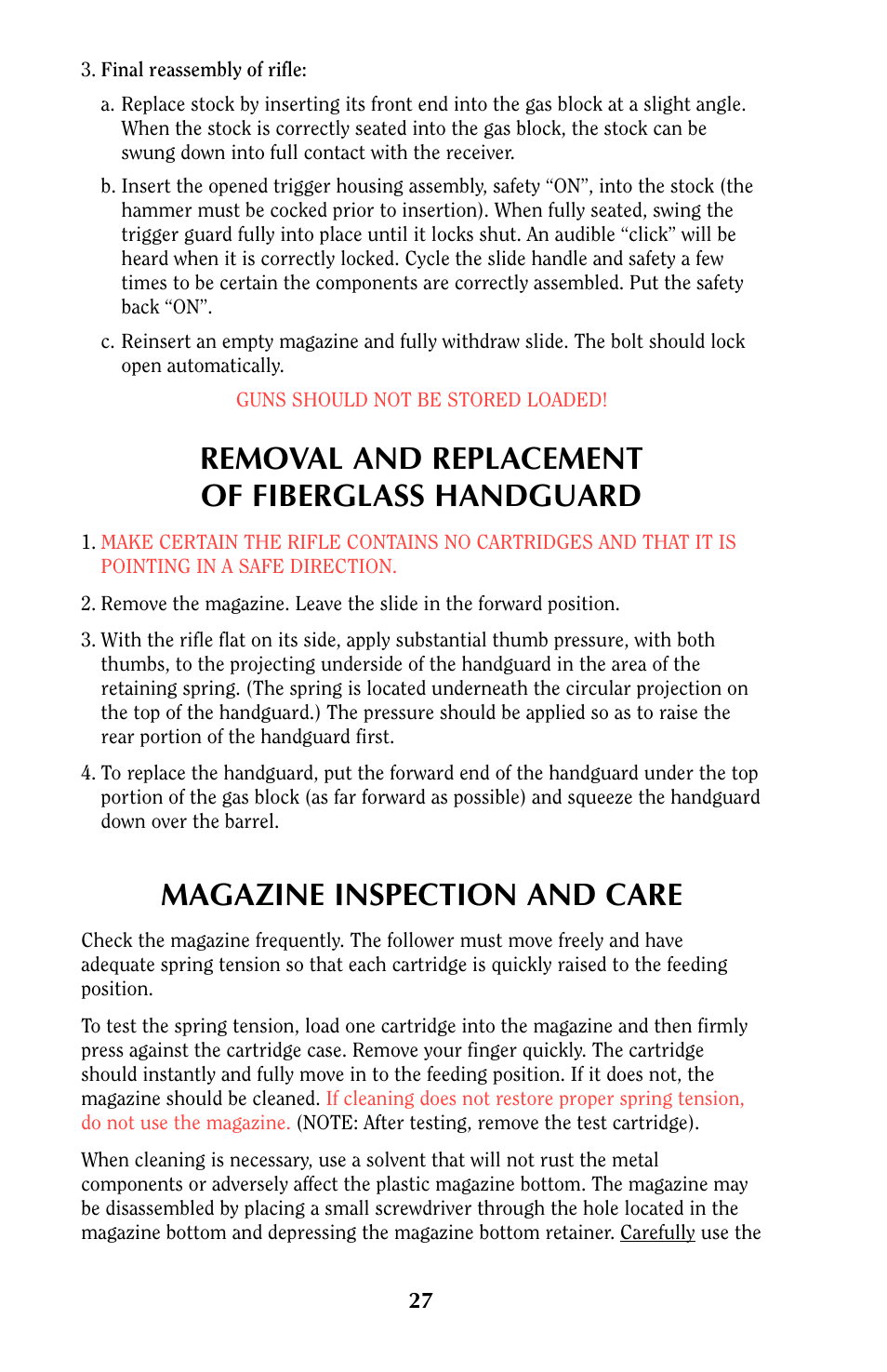 Removal and replacement of fiberglass handguard, Magazine inspection and care | Ruger MINI-14 User Manual | Page 26 / 46