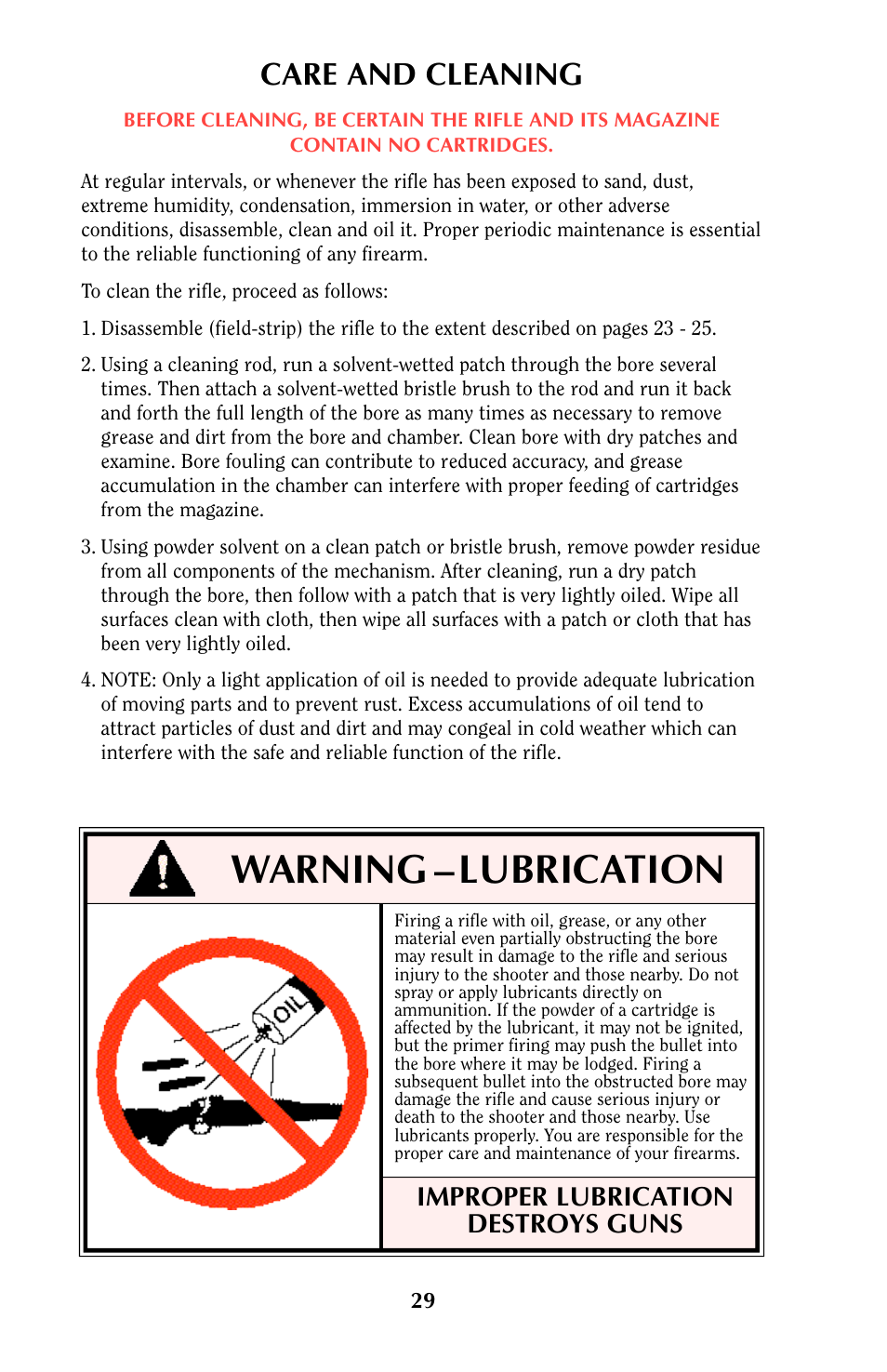 Warning – lubrication, Care and cleaning, Improper lubrication destroys guns | Ruger MINI-14 User Manual | Page 28 / 46