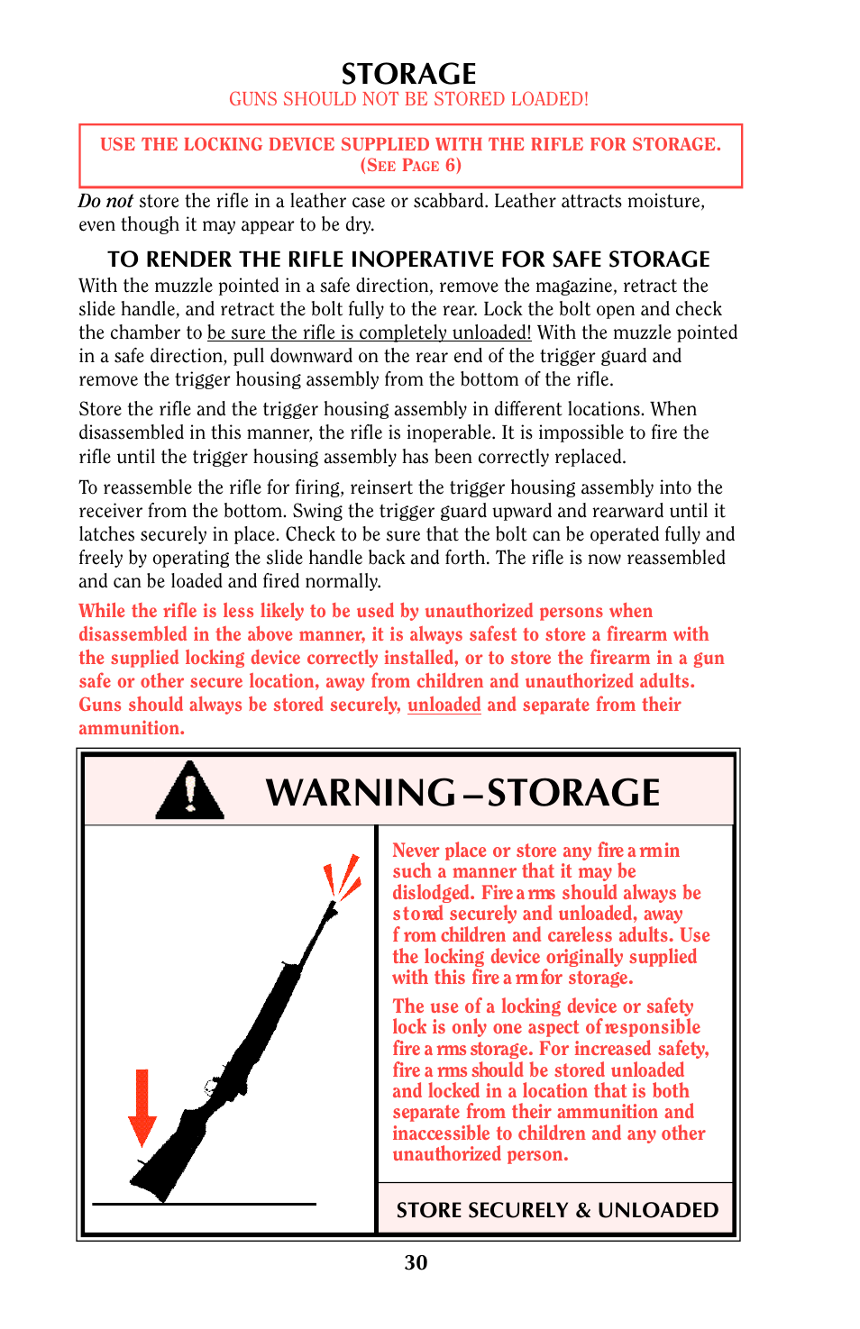 Warning – storage, Storage | Ruger MINI-14 User Manual | Page 29 / 46