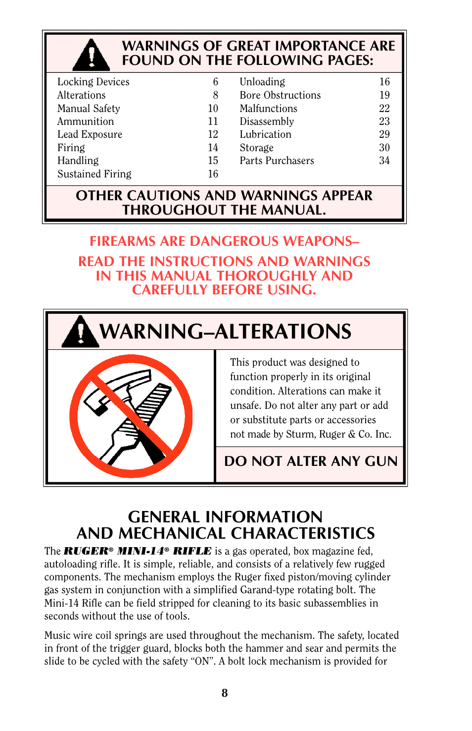 Warning–alterations, General information and mechanical characteristics | Ruger MINI-14 User Manual | Page 7 / 46