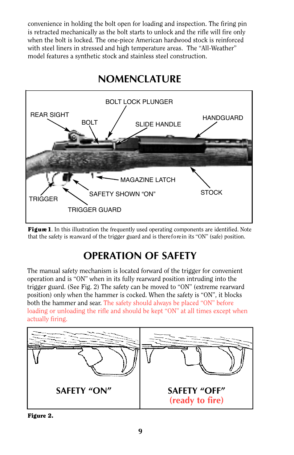 Nomenclature operation of safety, Safety “on” safety “off” (ready to fire) | Ruger MINI-14 User Manual | Page 8 / 46