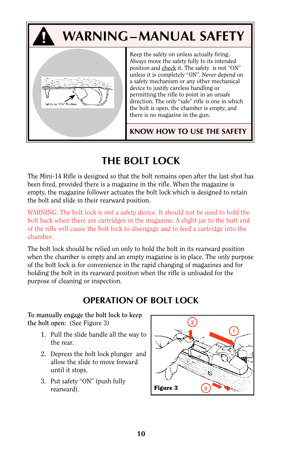 Warning – manual safety, The bolt lock, Operation of bolt lock | Ruger MINI-14 User Manual | Page 9 / 46