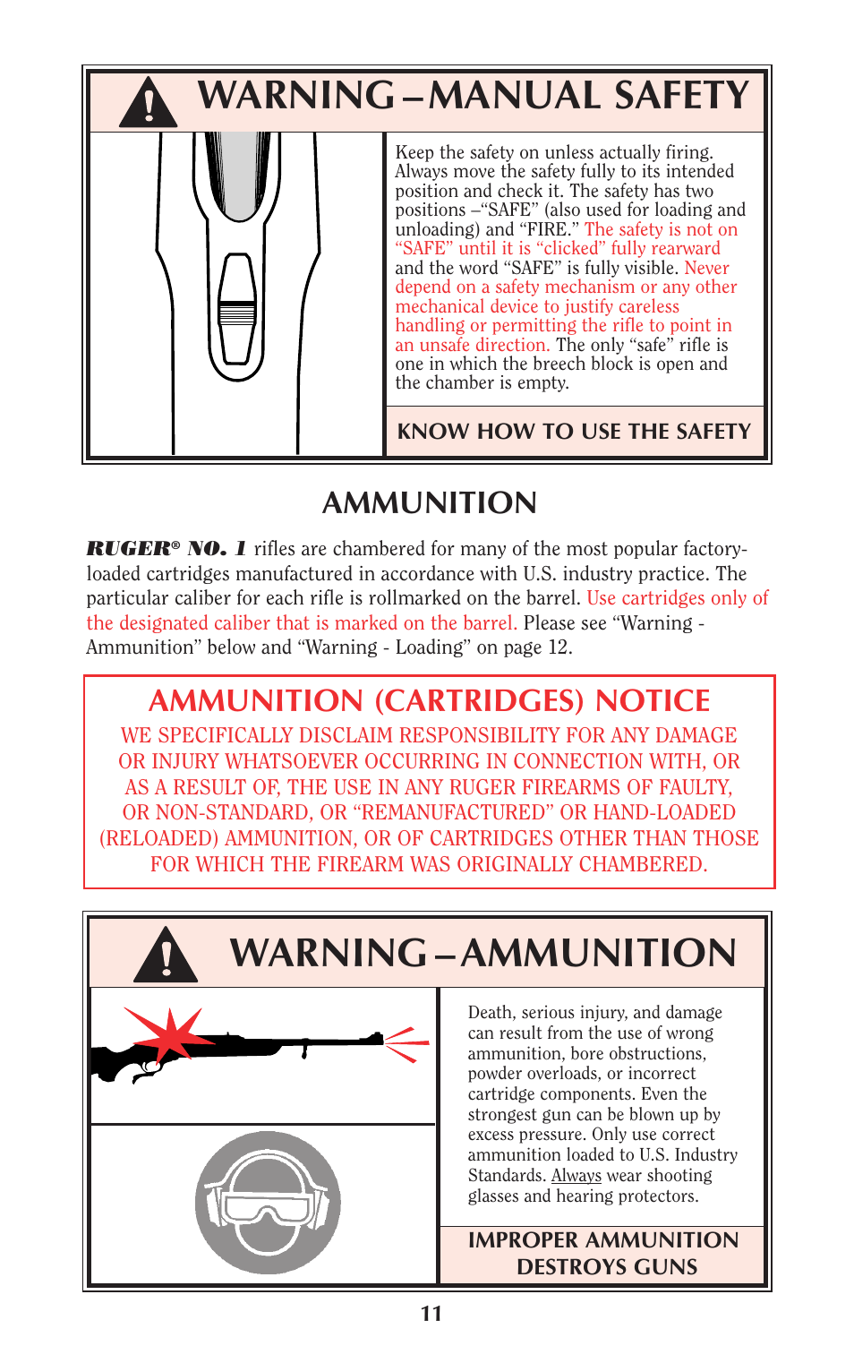 Warning – manual safety, Warning – ammunition, Ammunition | Ammunition (cartridges) notice | Ruger Caulking Gun User Manual | Page 11 / 40