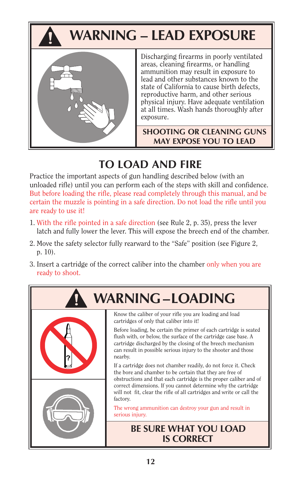 Warning – lead exposure, Warning –loading, Be sure what you load is correct | Ruger Caulking Gun User Manual | Page 12 / 40