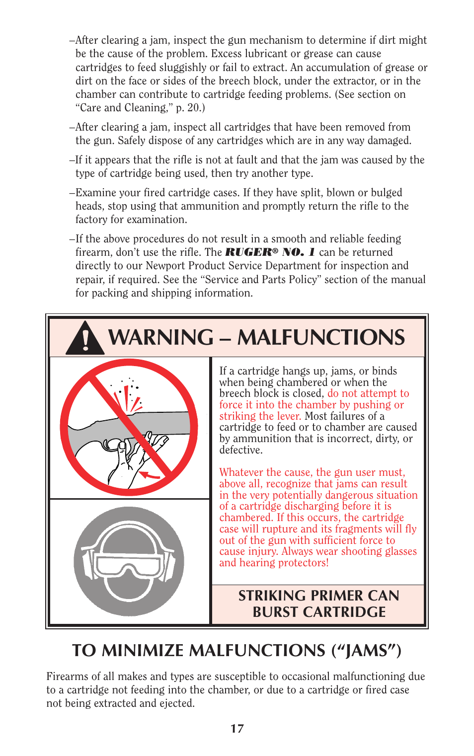Warning – malfunctions, Striking primer can burst cartridge | Ruger Caulking Gun User Manual | Page 17 / 40